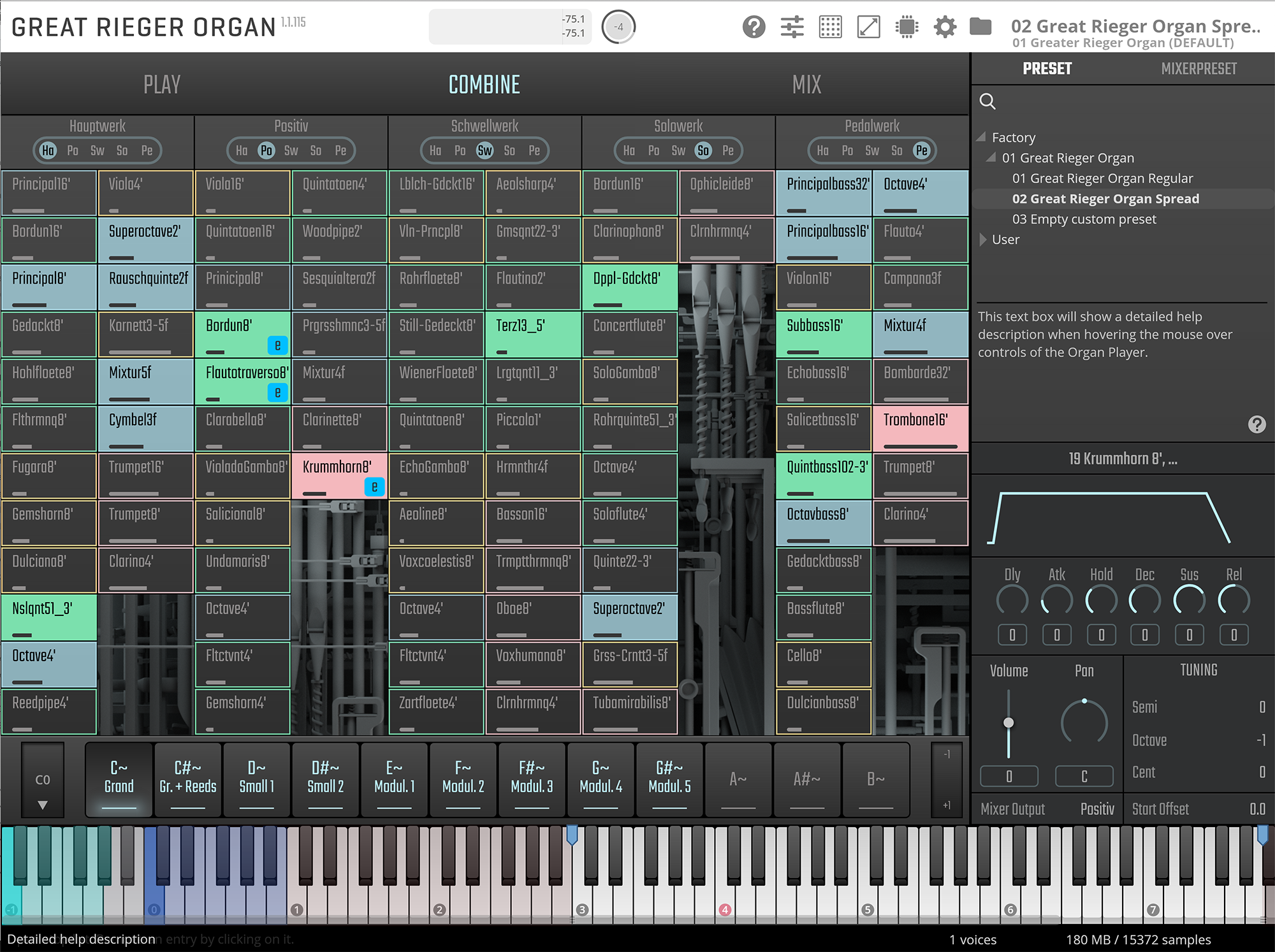 User interface of the Great Rieger Organ virtual instrument, displaying play, combine, and mix modules, an interactive keyboard, and detailed sound controls.