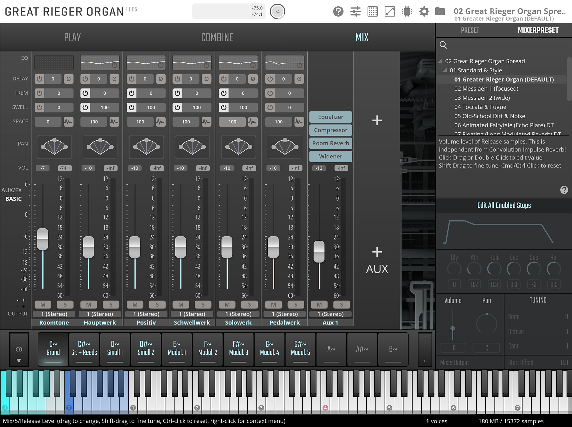 Screenshot of the Great Rieger Organ virtual instrument interface showing its play, combine, and mix sections, with various audio controls, presets, and a virtual keyboard.