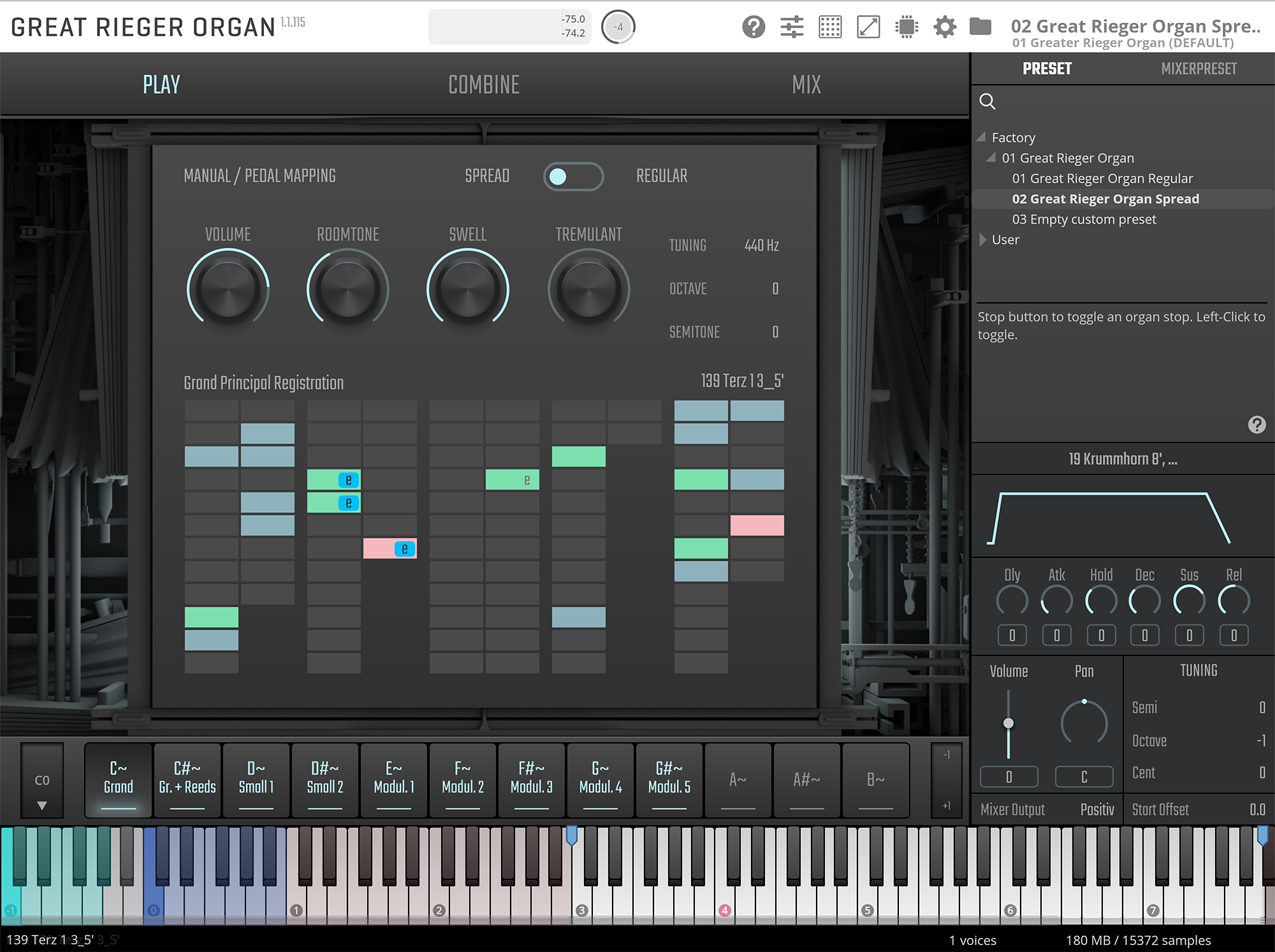 Great Rieger Organ Spread virtual instrument interface displaying manual pedal mapping, grand principal registration, and presets, including factory and user options, with detailed controls for volume, tuning, and audio effects.