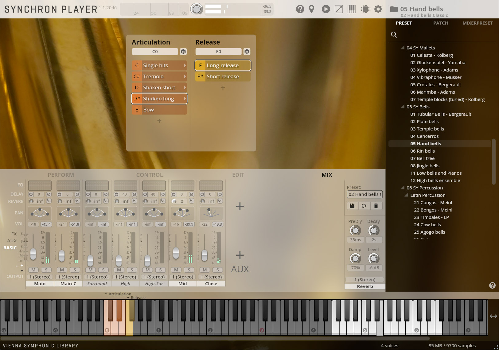 Synchron Player software interface showing sound articulation, release, performance, control, edit, and mix settings for Hand Bells, with virtual keyboard and preset list.