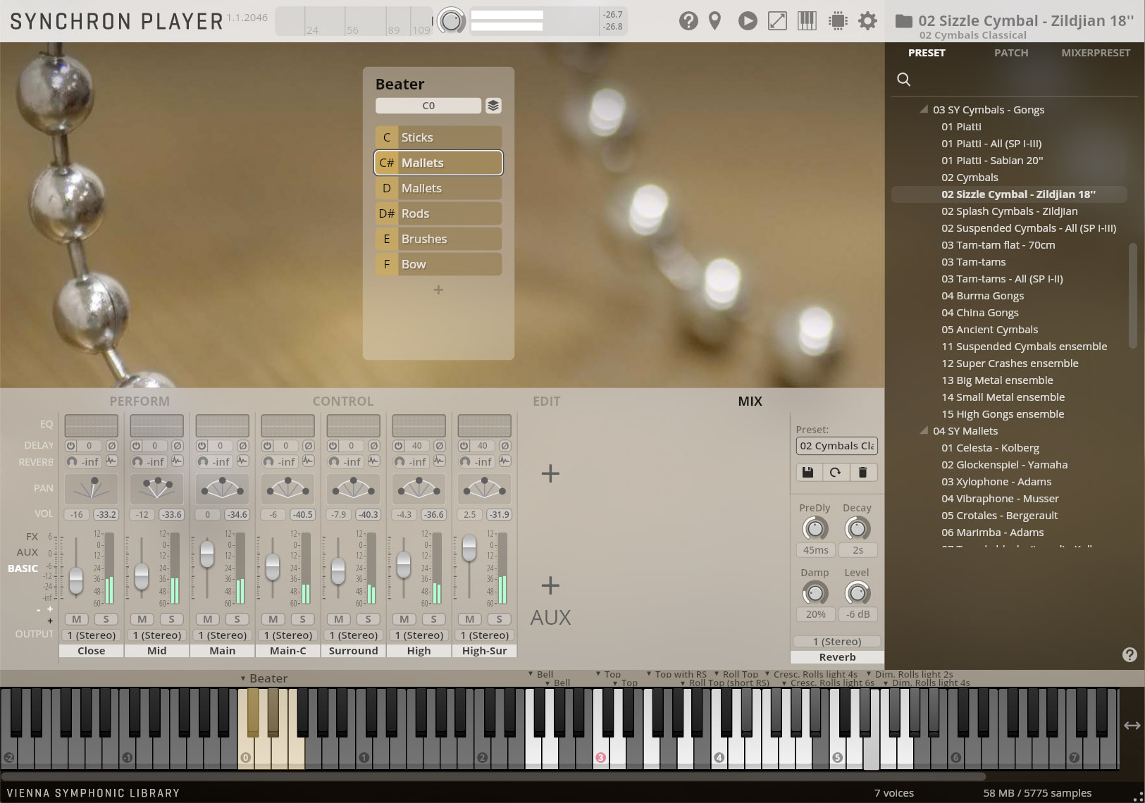 Screenshot of the Vienna Symphonic Library Synchron Player software interface, displaying audio settings for cymbals, including EQ, FX, output pan, and volume. The Beater menu is open, highlighting Mallets as the selected instrument option.
