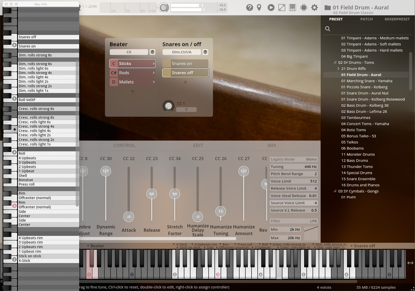 Digital audio workstation (DAW) interface featuring drum sound parameters, including beater type, snare on/off, control sliders, and a piano roll for music production.