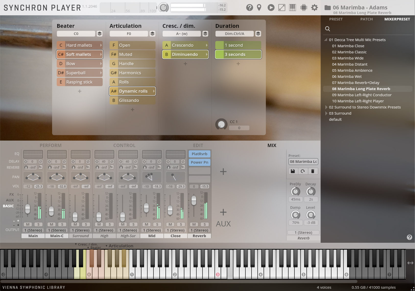 Synchron Player software interface displaying settings for marimba, including beater and articulation options, MIDI keyboard, and audio mixer controls for sound design.