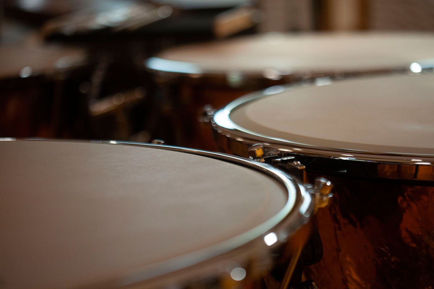 Close-up of a set of six kettledrums, or timpani, with chrome hardware and reflective, reddish-brown bodies, viewed from a low angle. The focus is on the light-colored drumheads and their metal rims, with the blurred background showing more of the drum set.