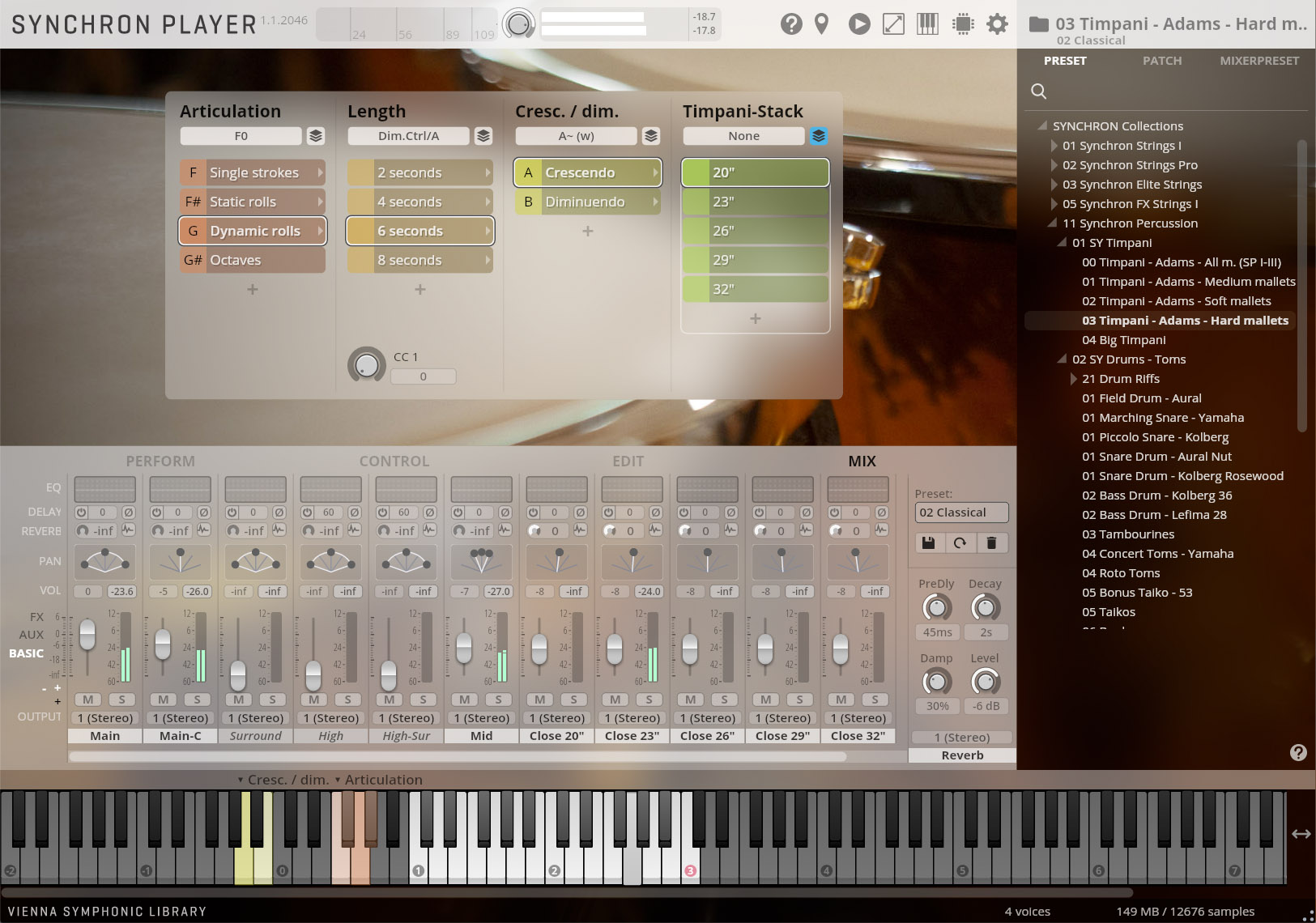 Screenshot of the Synchron Player software interface, displaying various controls for sound articulation, length, crescendo/diminuendo, and a Timpani-Stack with sizes 20 to 32 inches, alongside mixer and output settings, and a piano roll.