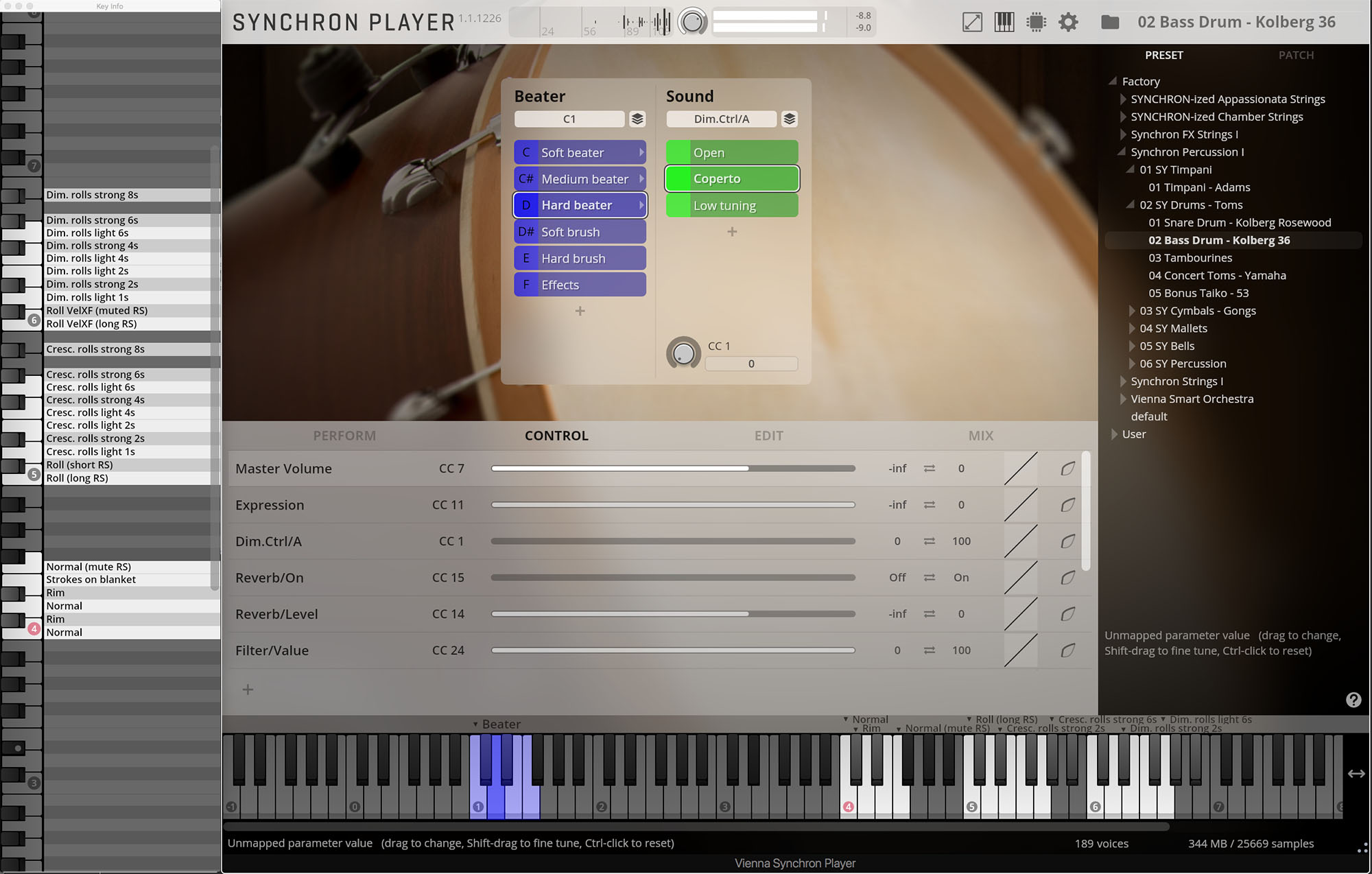 Vienna Synchron Player software interface showing bass drum instrument settings, including beater and sound options, control parameters, and a keyboard visualizer.