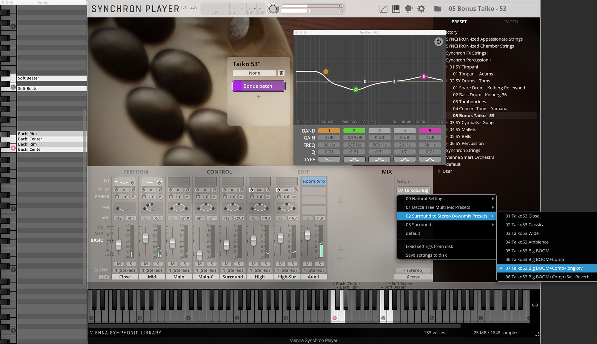 Screenshot of the Vienna Synchron Player software interface, showing 05 Bonus Taiko - 53 selected in the preset list and 07 Taiko53 Big BOOM+Comp+longRev highlighted within the Surround to Stereo Downmix Presets submenu, reflecting audio mixing options.
