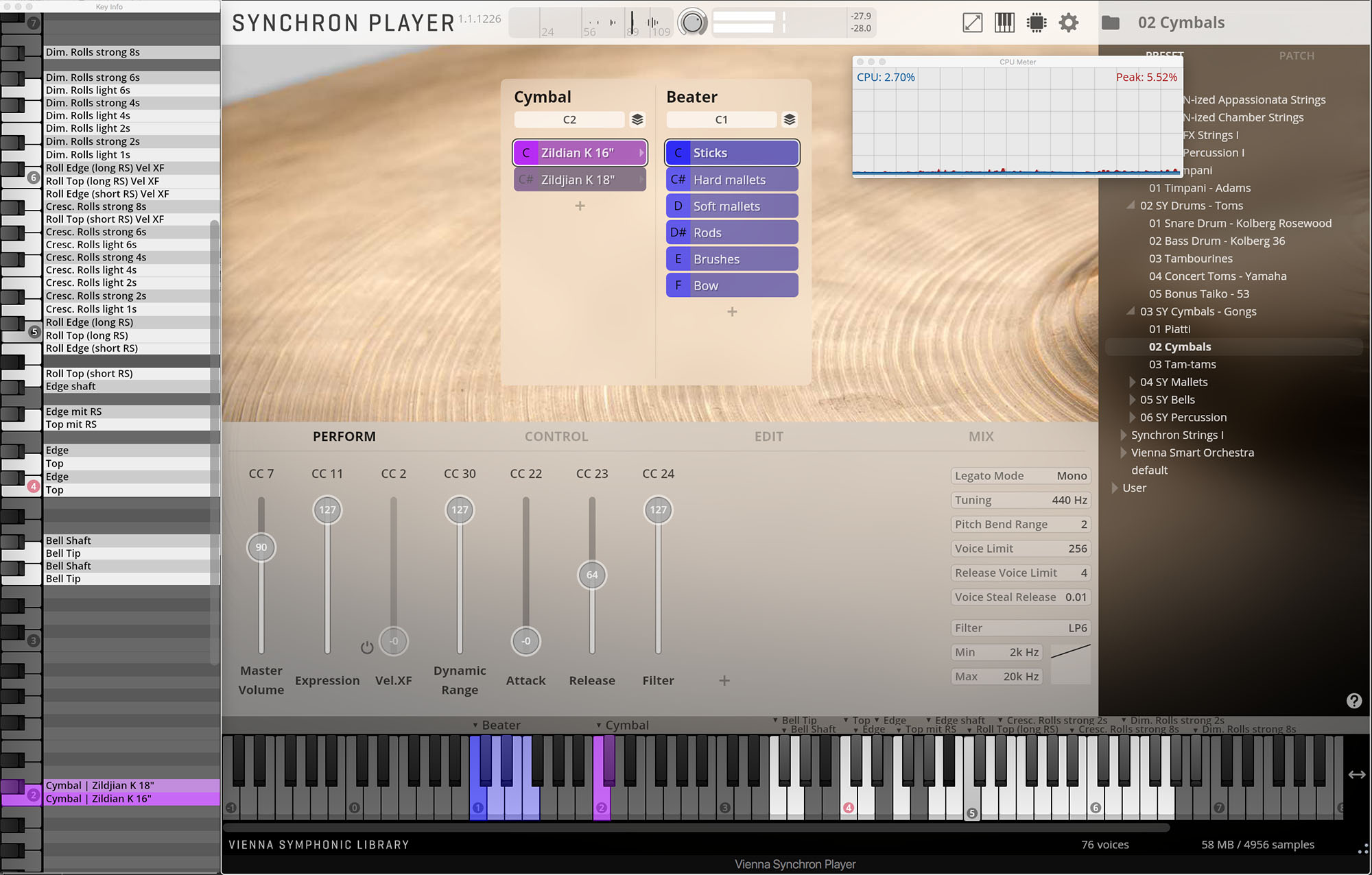 A detailed screenshot of the Vienna Synchron Player software interface, displaying various settings for a virtual cymbal instrument. The main view shows a textured background resembling a cymbal. Control panels include Cymbal and Beater selection, with Zildian K 16 and Sticks highlighted, performance sliders for Master Volume, Expression, and Dynamic Range, a Mix section with Legato Mode and Tuning, and a Patch list showing 02 Cymbals selected. A CPU Meter at the top indicates 2.70% usage and 5.52% peak. A virtual keyboard at the bottom shows various keys mapped to different cymbal articulations.