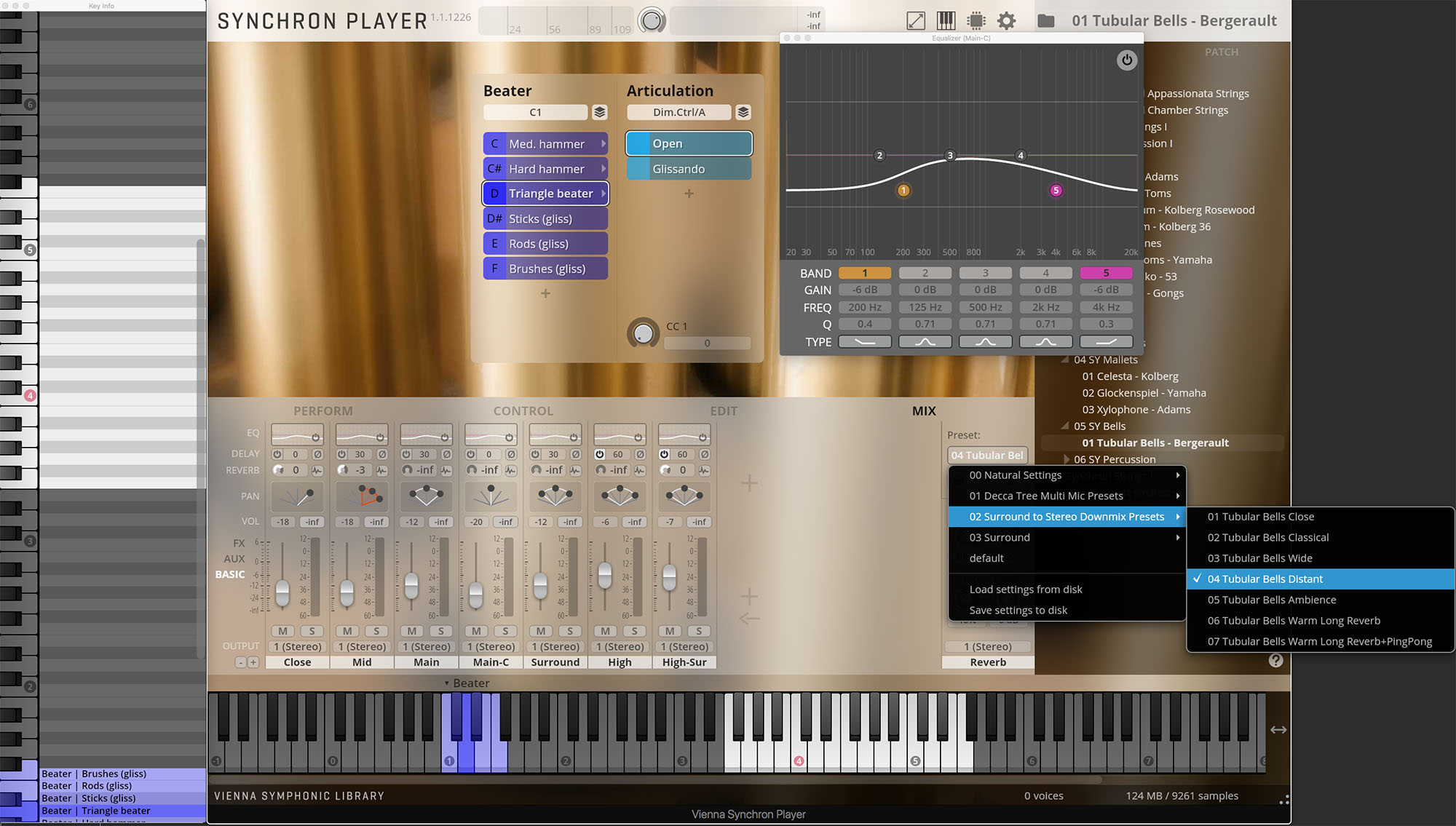 A detailed screenshot of the Vienna Synchron Player software, displaying a virtual instrument interface with options for adjusting beater and articulation settings, an equalizer graph, and a list of available patches and presets, specifically highlighting 01 Tubular Bells - Bergerault and 04 Tubular Bells Distant preset.