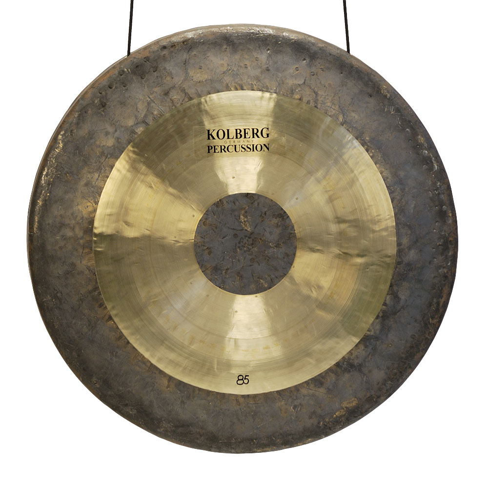 Kolberg Percussion 85 series tam-tam gong with dark bronze outer rim and golden brass center, hanging by a black cord.