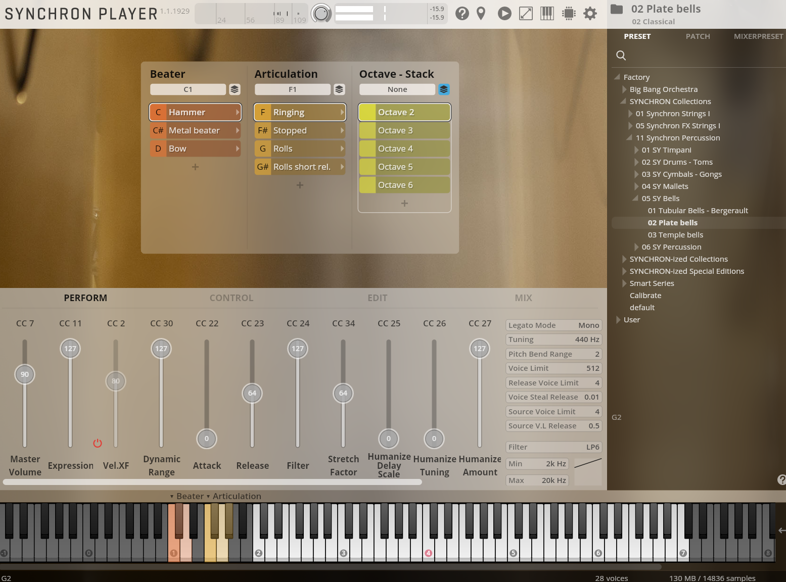 Synchron Player software interface showing Beater, Articulation, Octave-Stack, Perform, Control, Edit, and Mix sections with '02 Plate bells' selected in the preset browser.