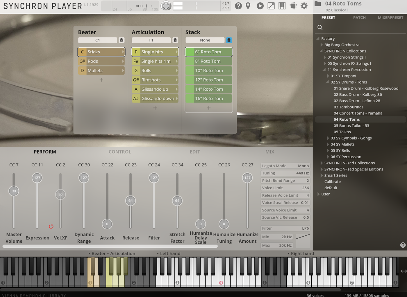 Screenshot of the SYNCHRON PLAYER software interface for sound sampling and production, displaying options to select beater types (Sticks, Rods, Mallets), articulation styles (Single hits, Rolls, Glissando up/down), and Roto Tom sizes (6 to 16). The interface also shows audio controls like Master Volume, Release, Filter, and a mixing panel with various percussion collection selections and performance parameters, including a piano roll.