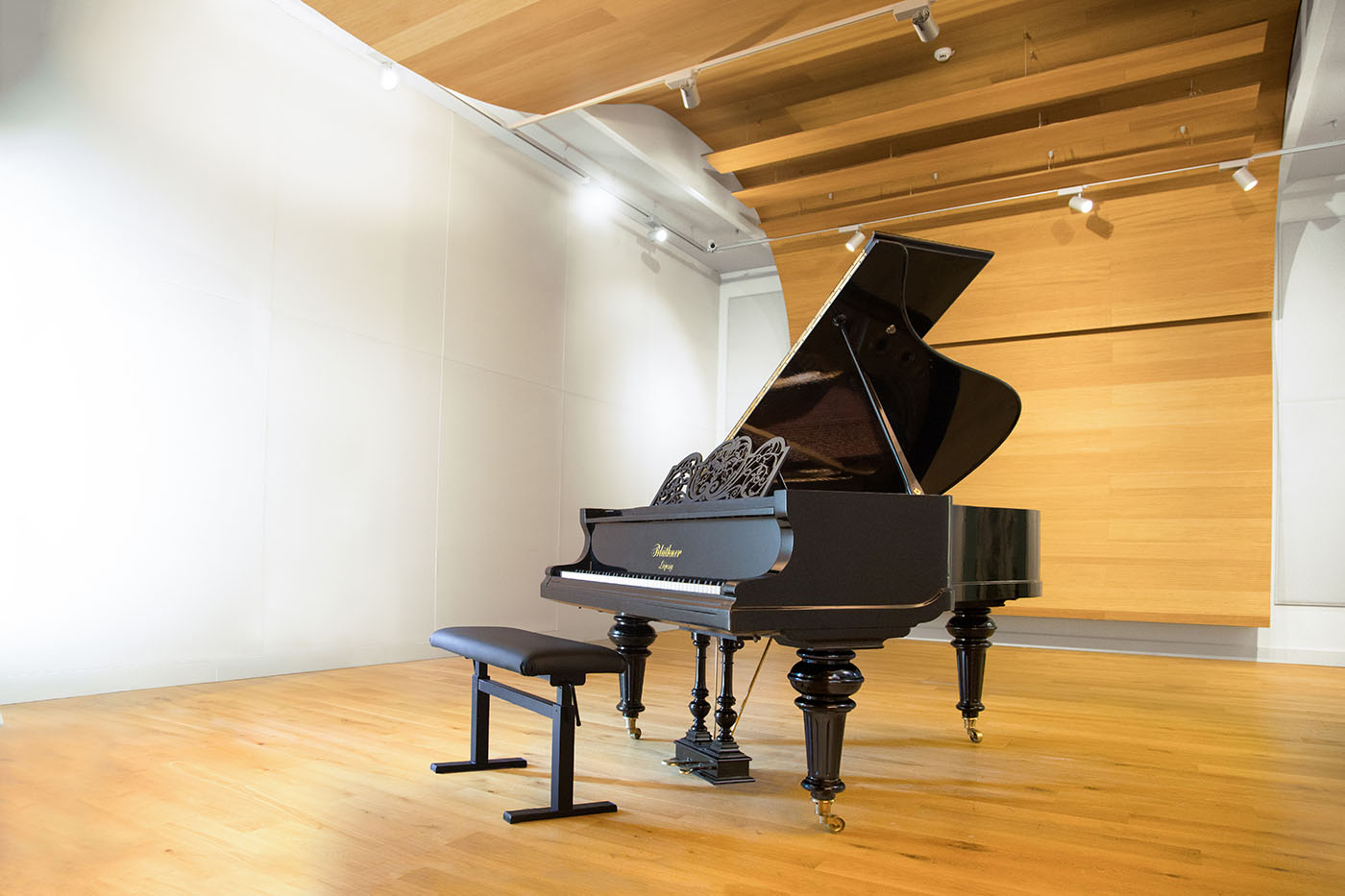 Black Bluthner Leipzig grand piano and bench in a modern music room with wood floors and acoustic paneling