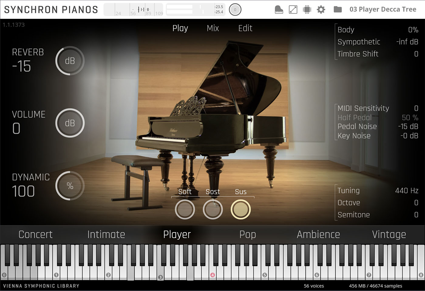 SYNCHRON PIANOS software interface with a black grand piano, adjustable reverb, volume, and dynamic controls, and a virtual keyboard.