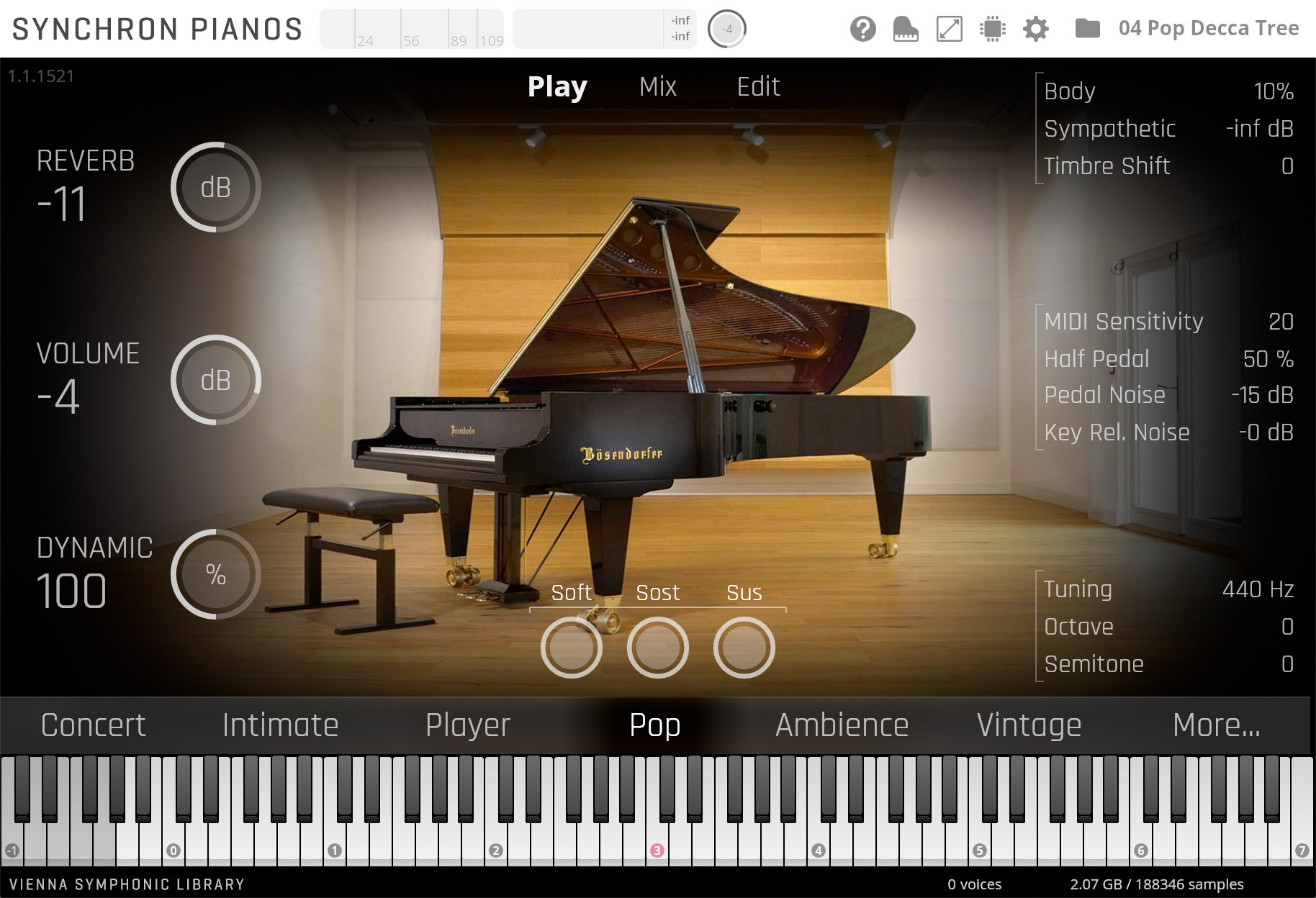 Synchron Pianos software interface displaying a virtual Bösendorfer grand piano in a studio, with adjustable parameters like reverb, volume, and dynamic range, featuring Play, Mix, and Edit modes, pedal controls for Soft, Sostenuto, and Sustain, and a virtual keyboard at the bottom.