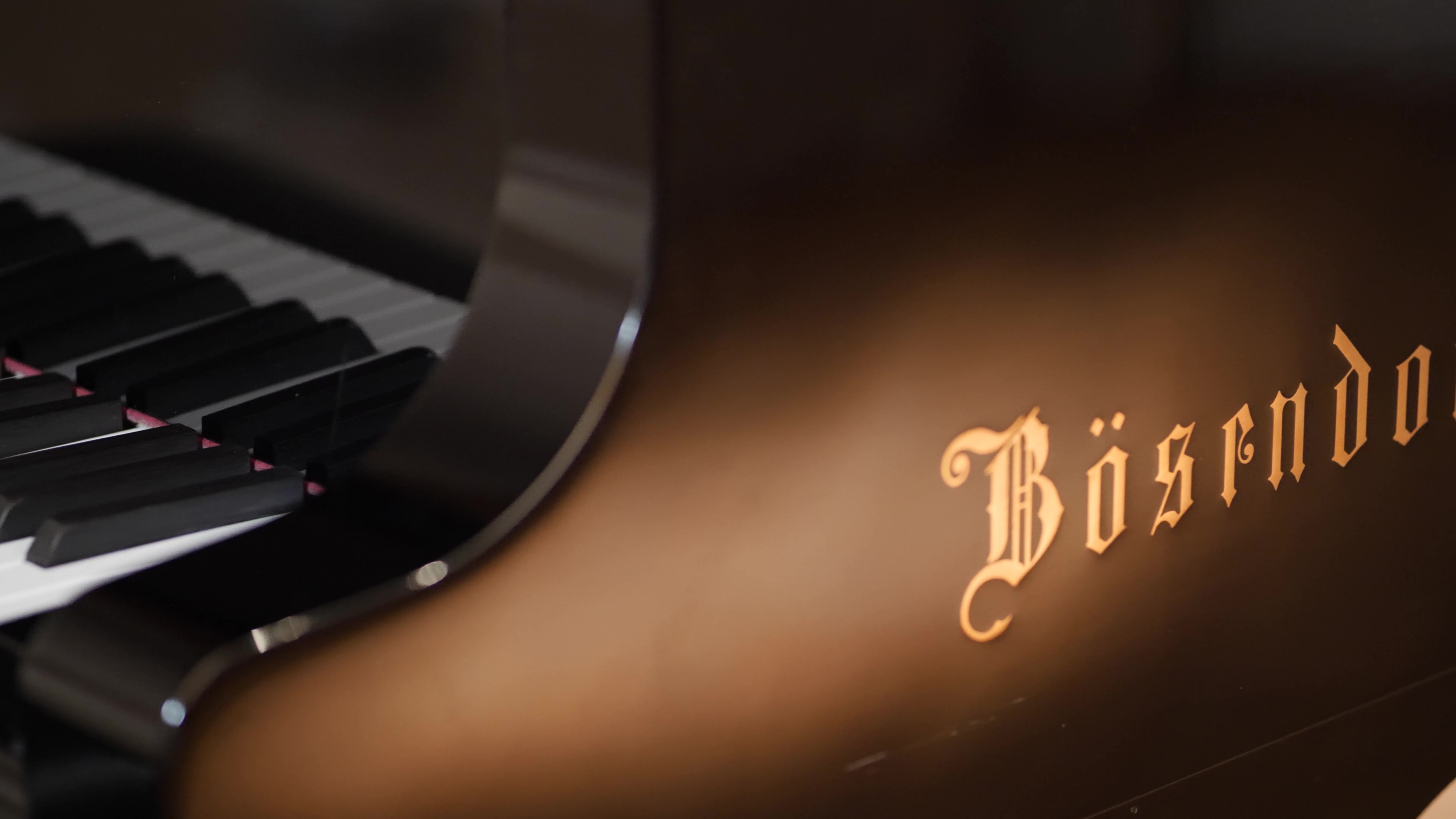 Close-up of a black Bosendorfer grand piano, showing the gold logo and piano keys.