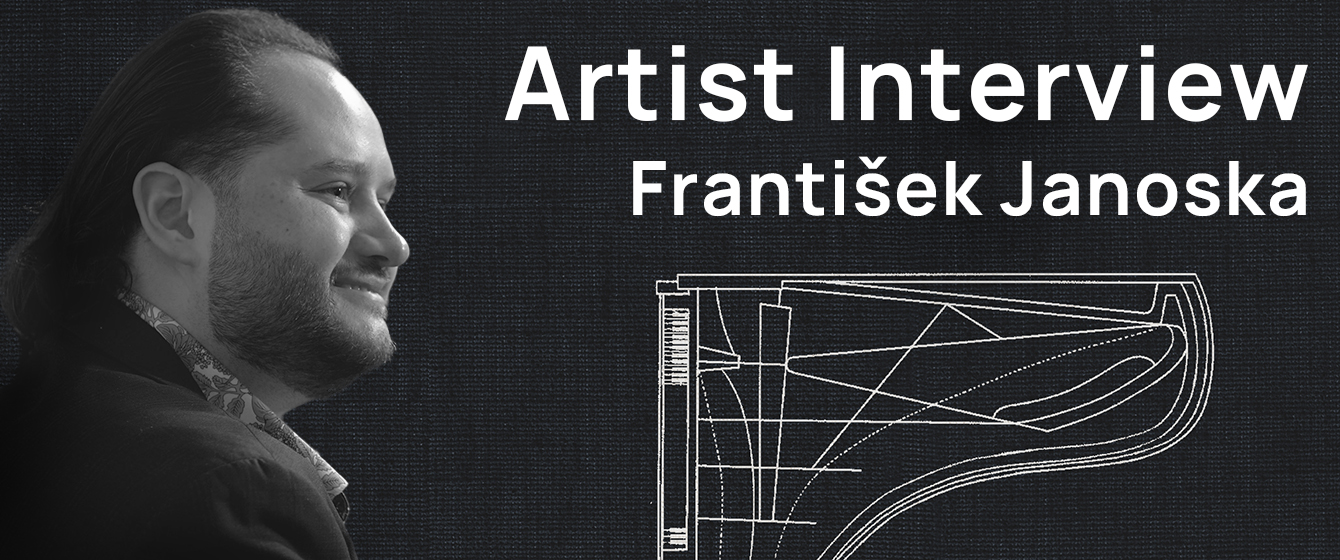 Black and white image of František Janoska, musician and artist, smiling, with an abstract piano diagram and text Artist Interview František Janoska on a black background.