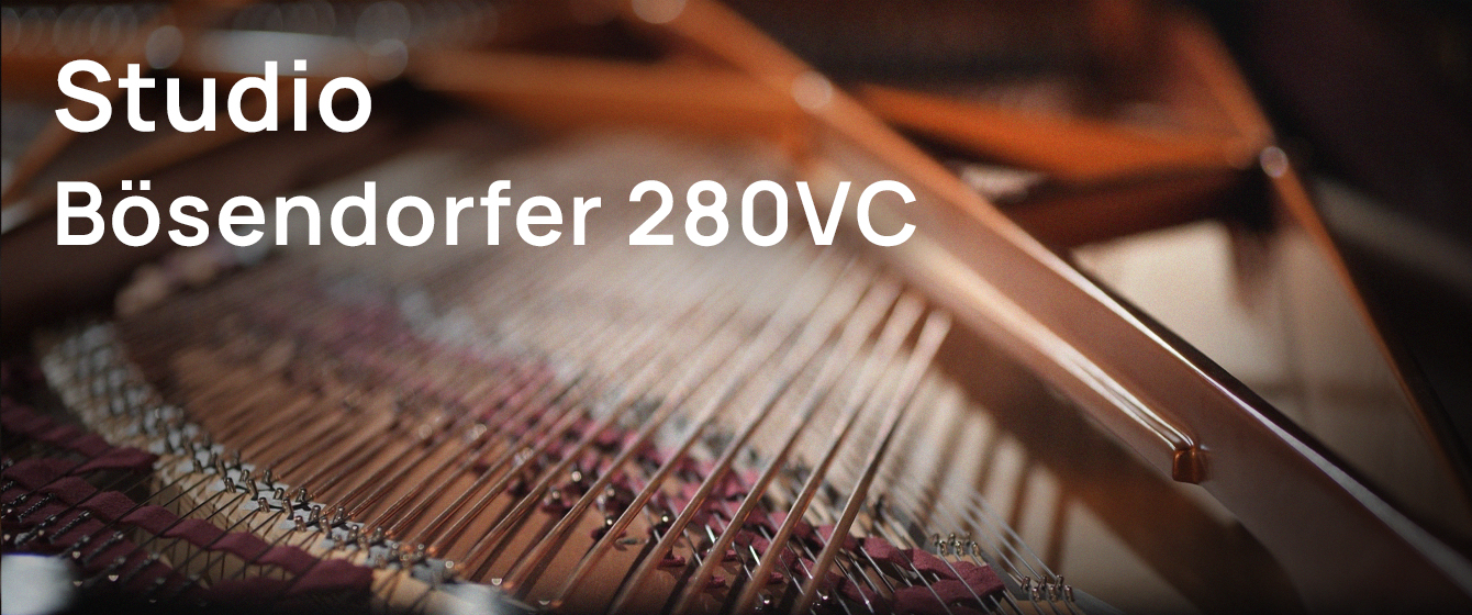 Internal view of a Studio Bösendorfer 280VC grand piano, highlighting the strings, hammers, and soundboard.