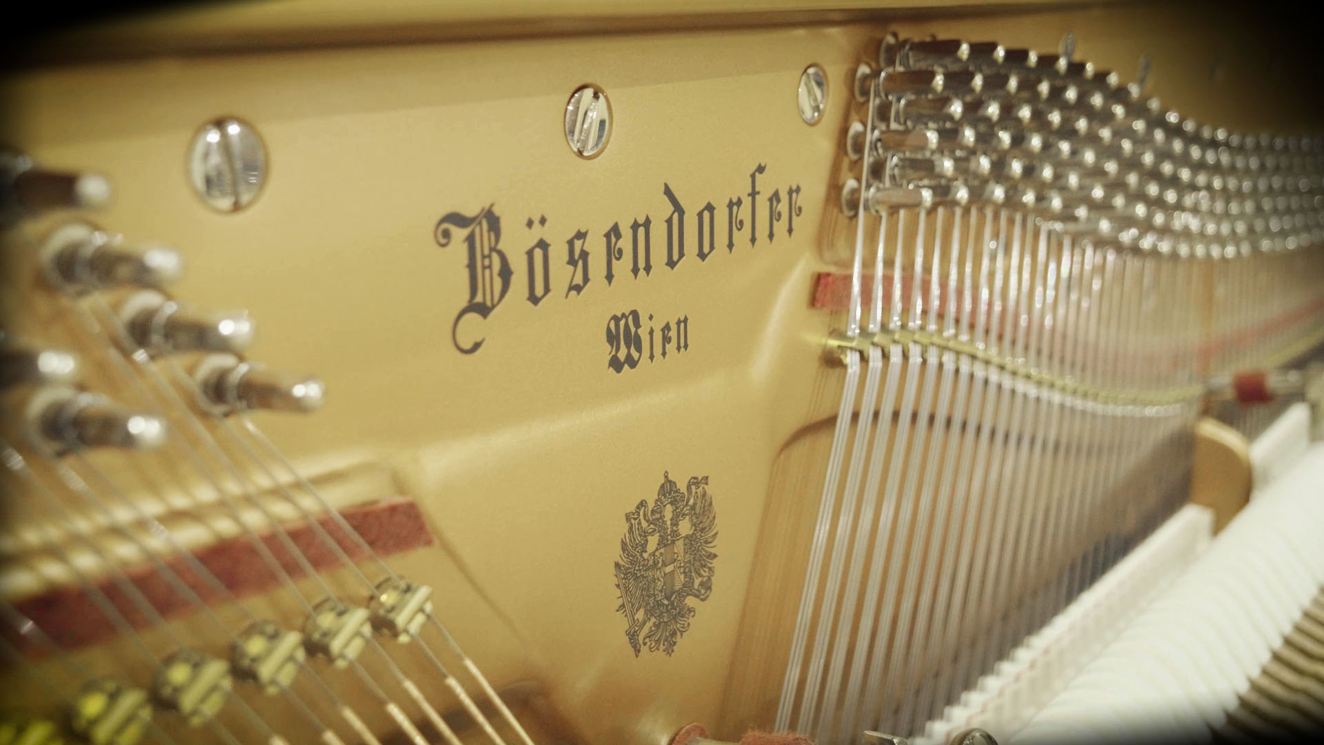 Close-up of a Bösendorfer piano's internal harp, showing the brand name, Wien inscription, imperial eagle logo, and detailed strings, tuning pins, and dampers.