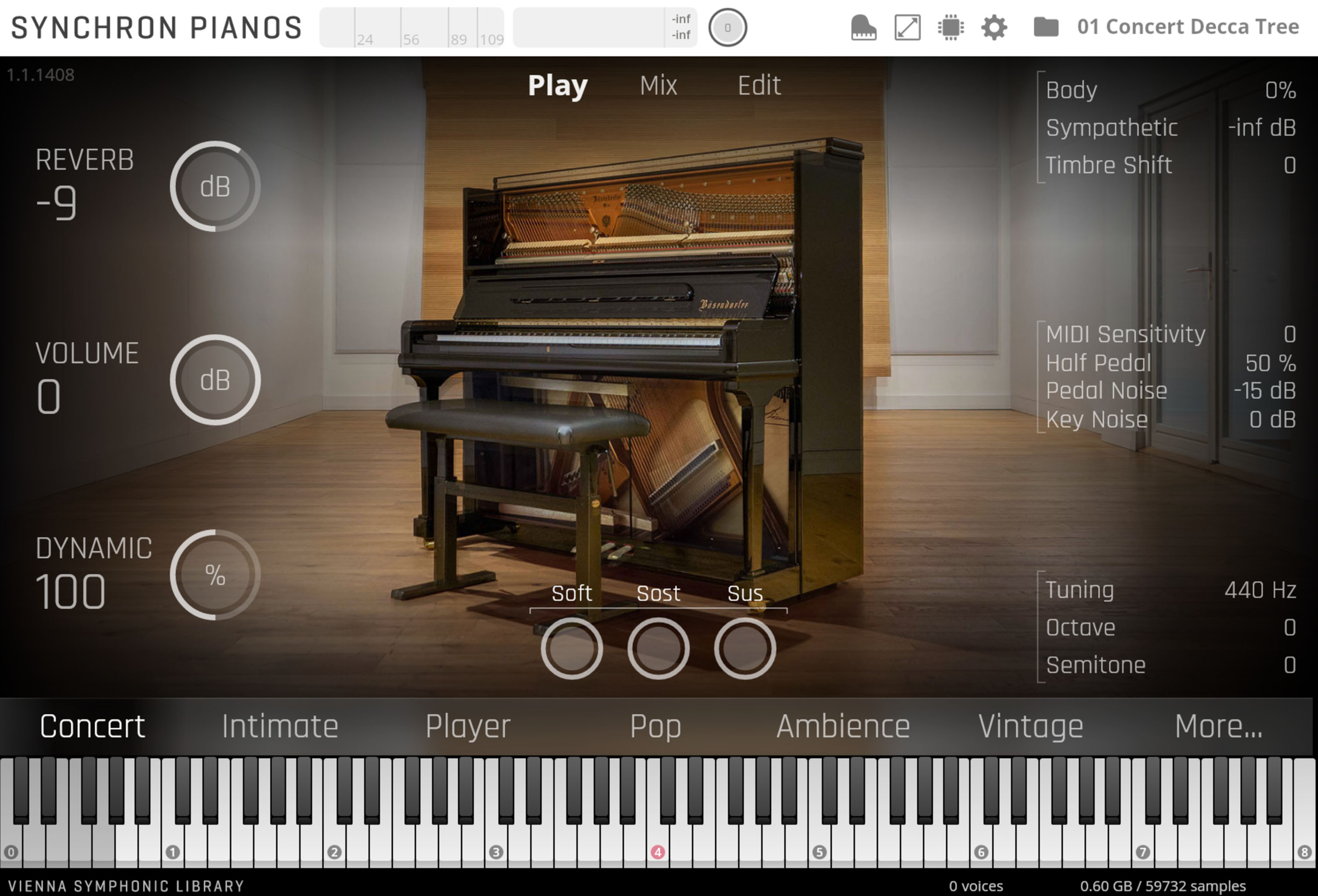 Vienna Symphonic Library Synchron Pianos virtual instrument software interface featuring a Bösendorfer grand piano image, with detailed controls for reverb, volume, dynamics, and various piano settings.