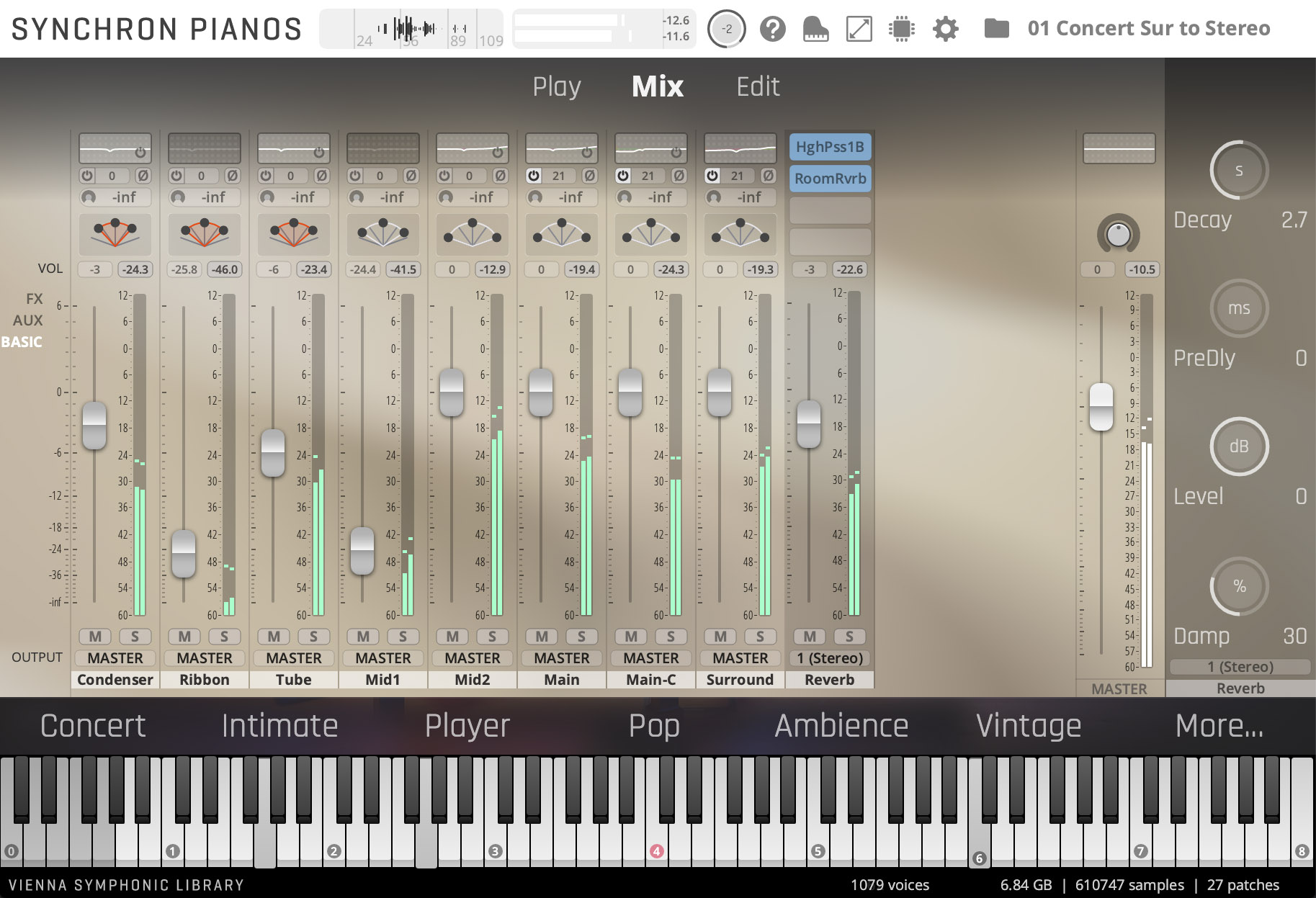 Synchron Fazioli F212 plugin software interface for virtual piano, displaying mixing controls like faders, knobs, and a keyboard layout at the bottom.