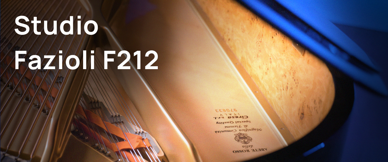 Studio Fazioli F212 grand piano soundboard, strings, and internal mechanisms.