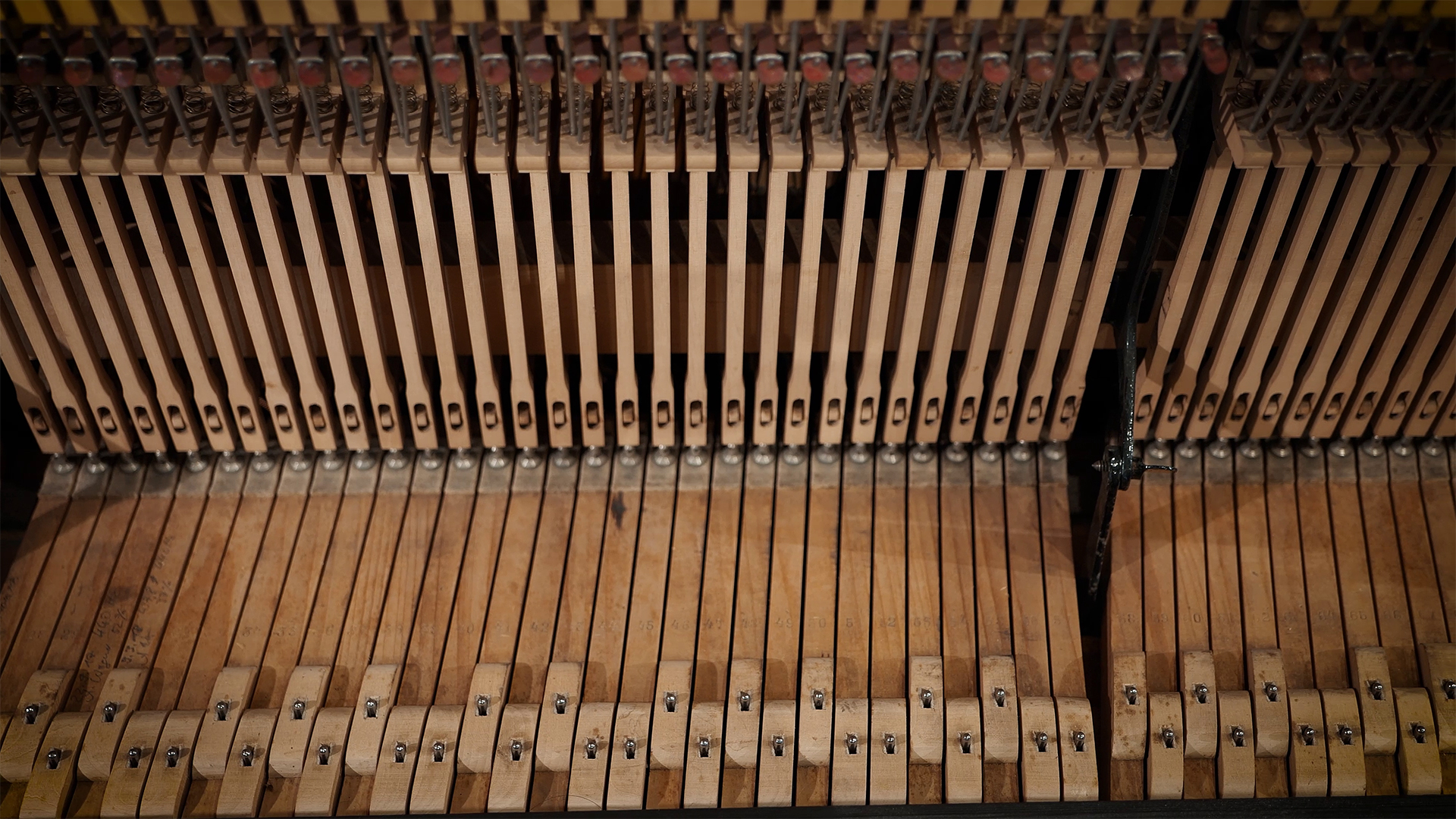 Close-up view of the intricate wooden mechanism inside a piano, showing hammers, dampers, and strings.