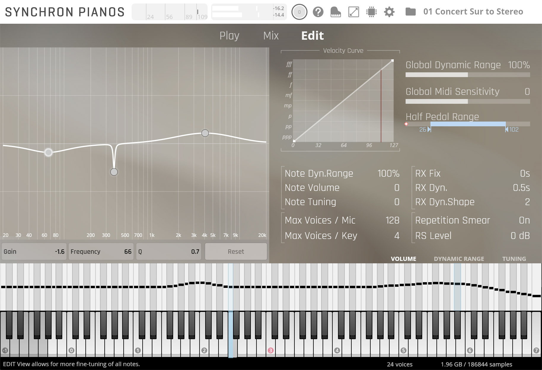 Synchron Pianos software interface in Edit view, showing the velocity curve, dynamic range, pedal range, and a piano keyboard for fine-tuning notes.