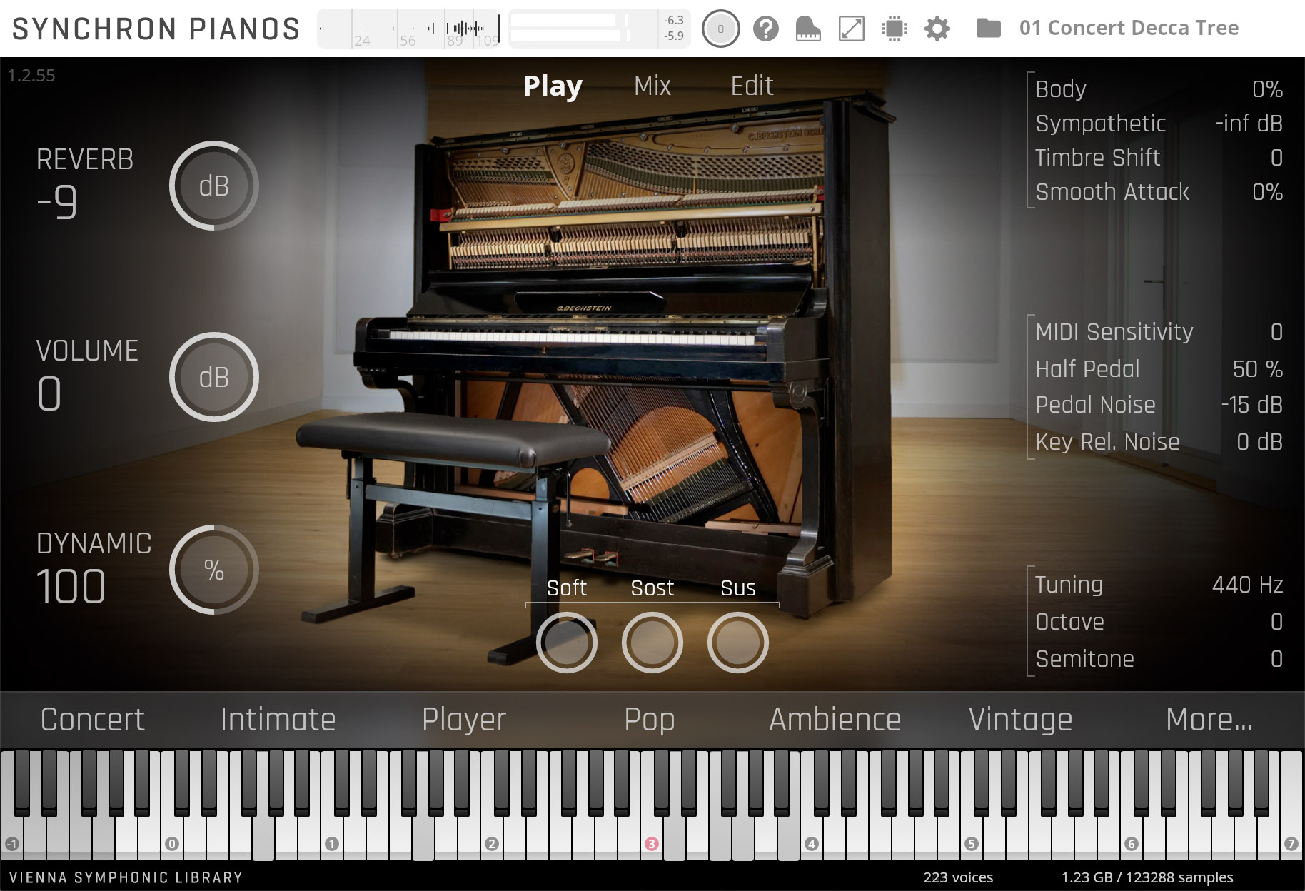 Vienna Symphonic Library Synchron Pianos virtual instrument user interface, with controls for reverb, volume, dynamics, and piano specific settings like MIDI sensitivity and pedal noise, featuring a realistic image of a G. Bechstein upright piano.