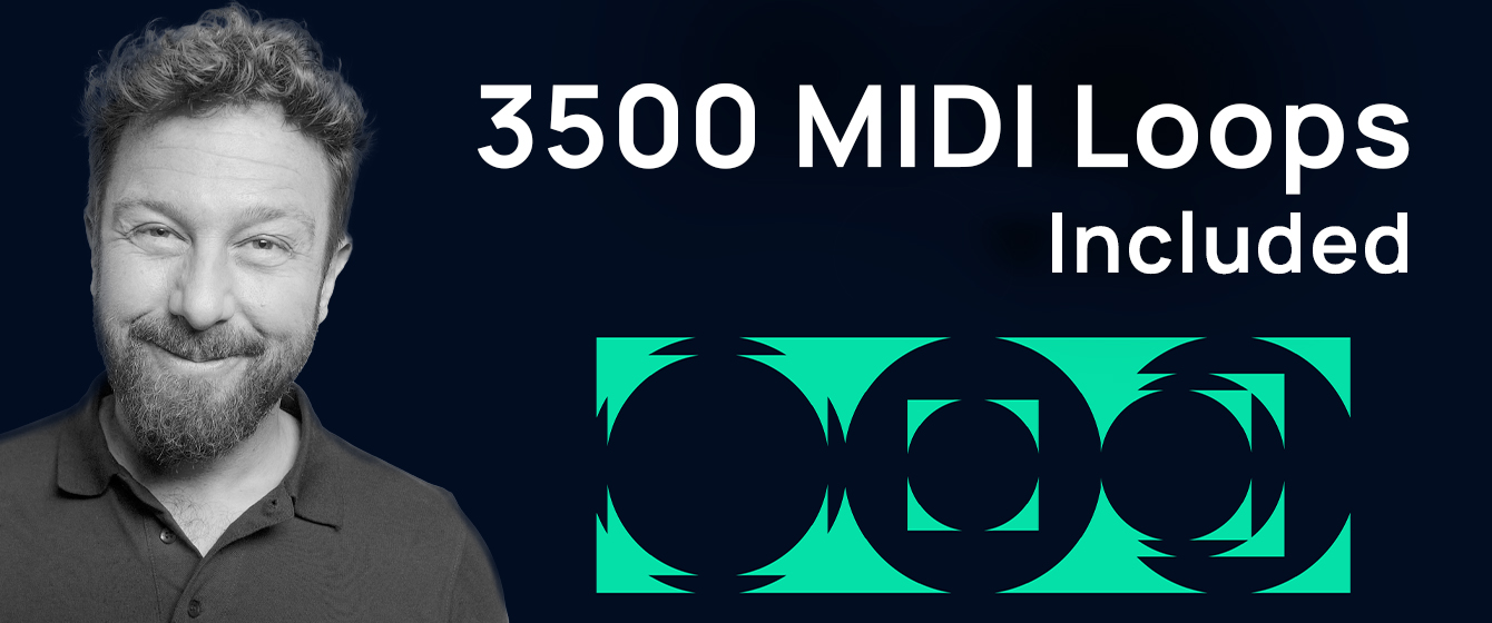 A man with a beard smiles on the left, next to text that reads 3500 MIDI Loops Included above a teal geometric pattern