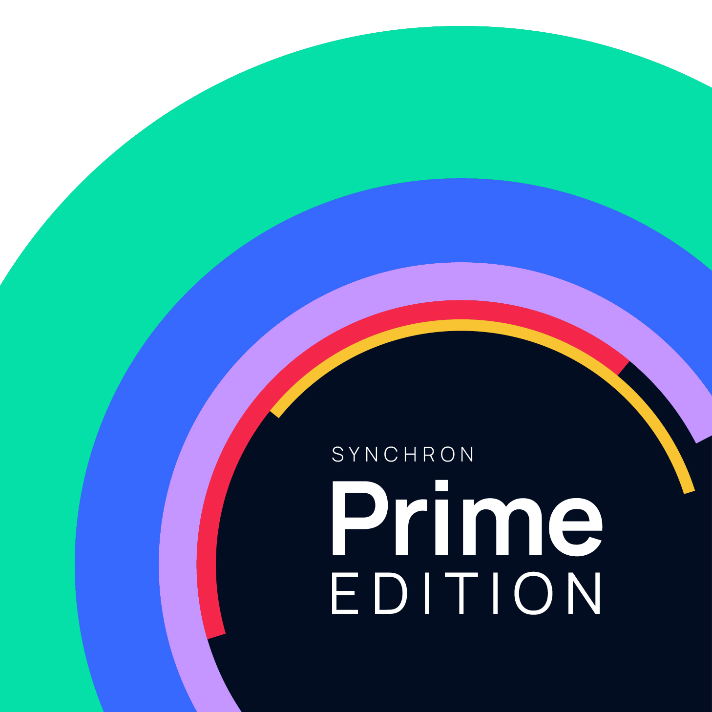 Synchron Prime Edition logo with a dark background and concentric colorful arcs in teal, blue, purple, red, and yellow, representing modern design.