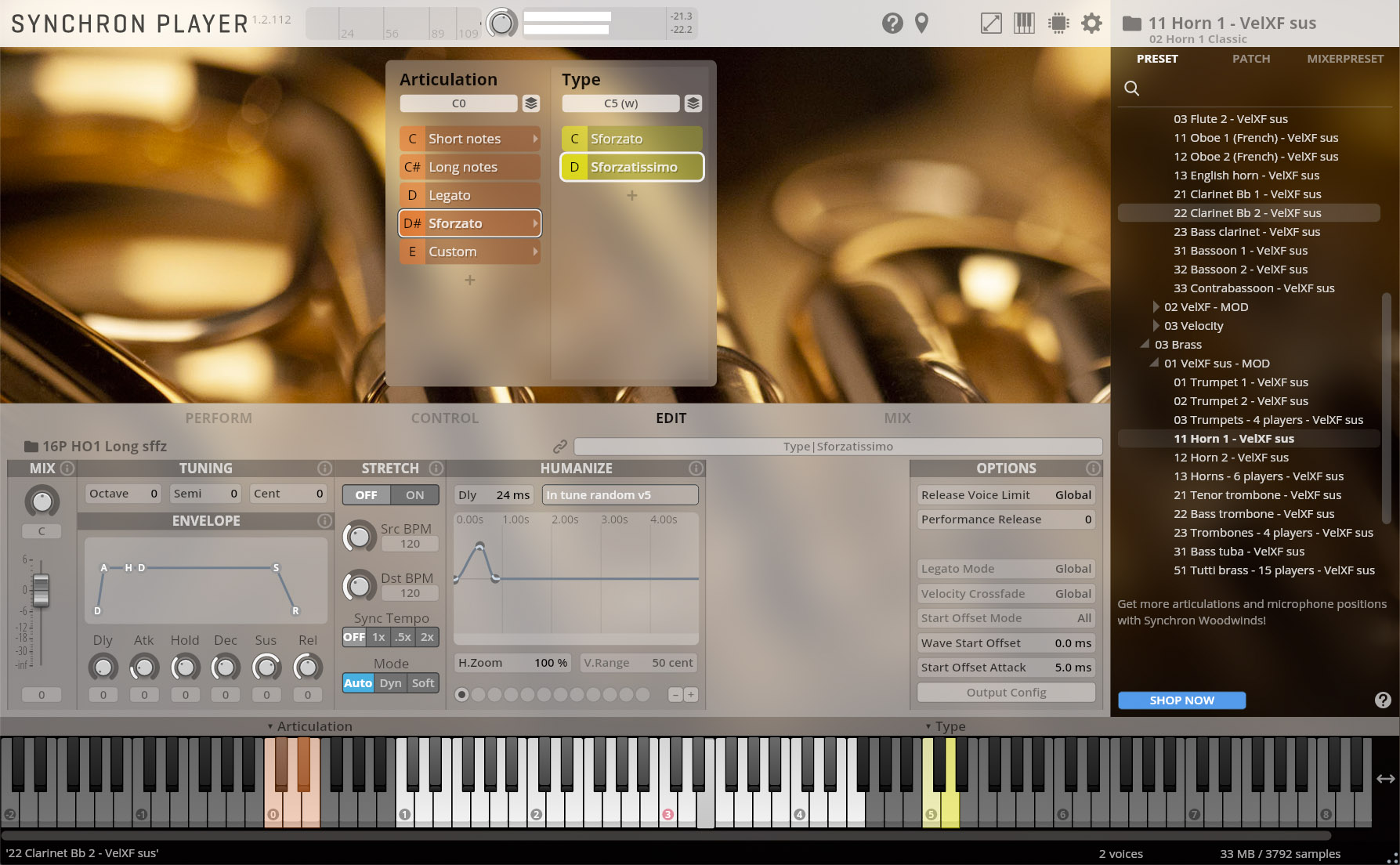 Synchron Player software interface displaying sound articulation and type settings for musical instruments, including sforzato and sforzatissimo options within the 11 Horn 1 - VelXF sus instrument patch.