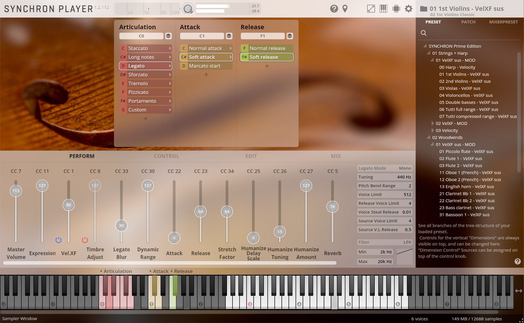A full-screen view of the Synchron Player software interface, featuring controls for articulation, attack, release, performance, and mixing settings for virtual instruments like violins and other orchestral sounds.
