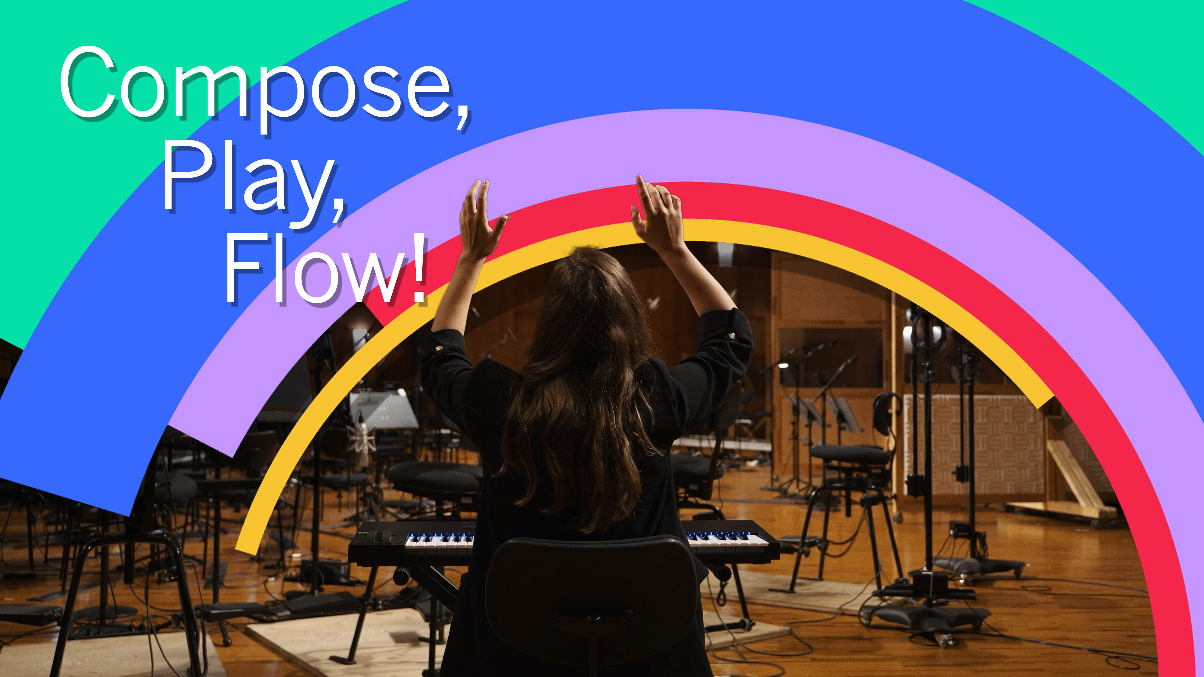Female with long brown hair conducting an orchestra from behind a keyboard, with the text Compose, Play, Flow! and a rainbow graphic overlay.