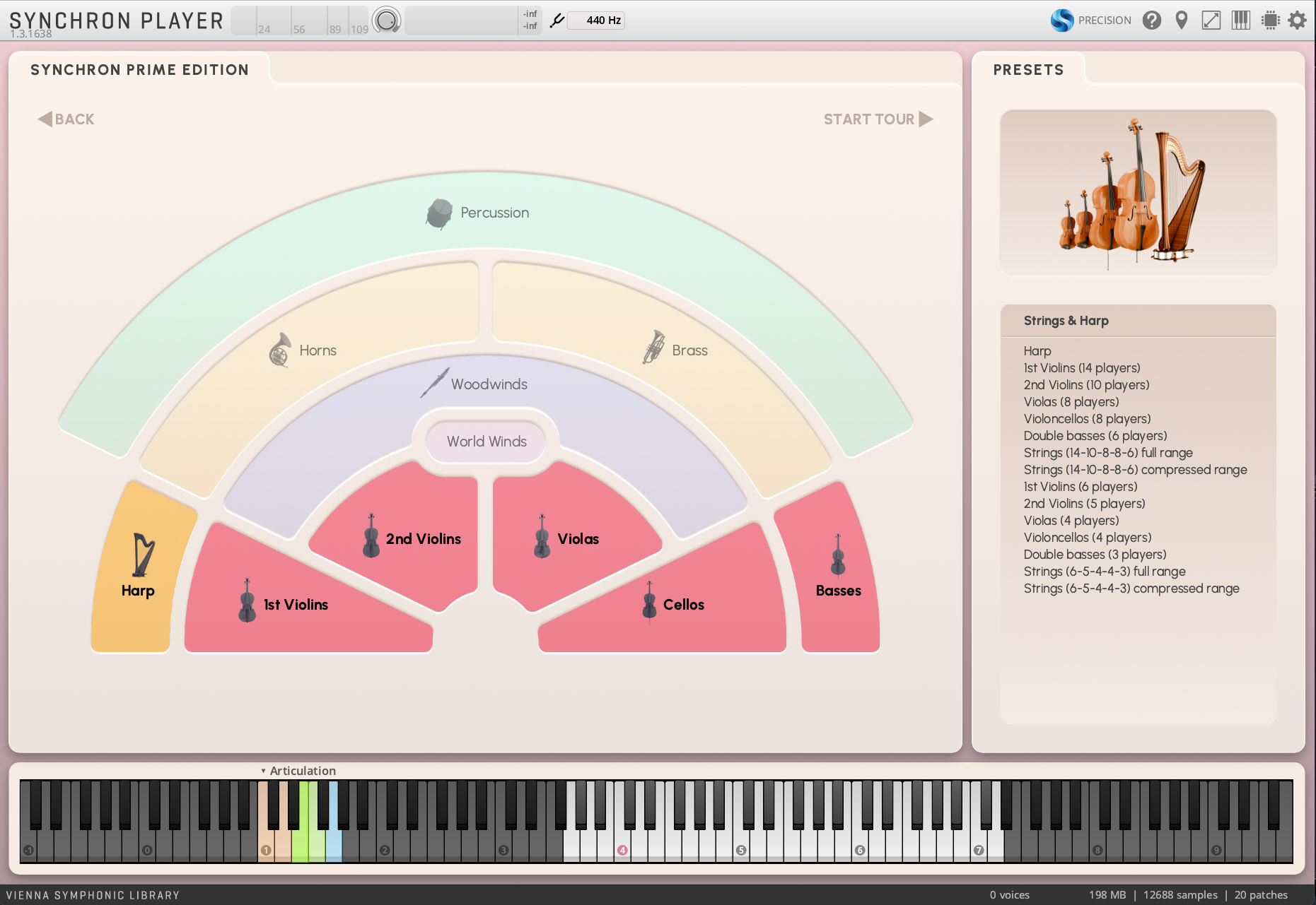 Vienna Symphonic Library Synchron Player graphical user interface, featuring instrument sections for orchestral arrangement including strings, brass, woodwinds, percussion, and World Winds, with a virtual keyboard for articulation control and a presets panel displaying string and harp configurations.