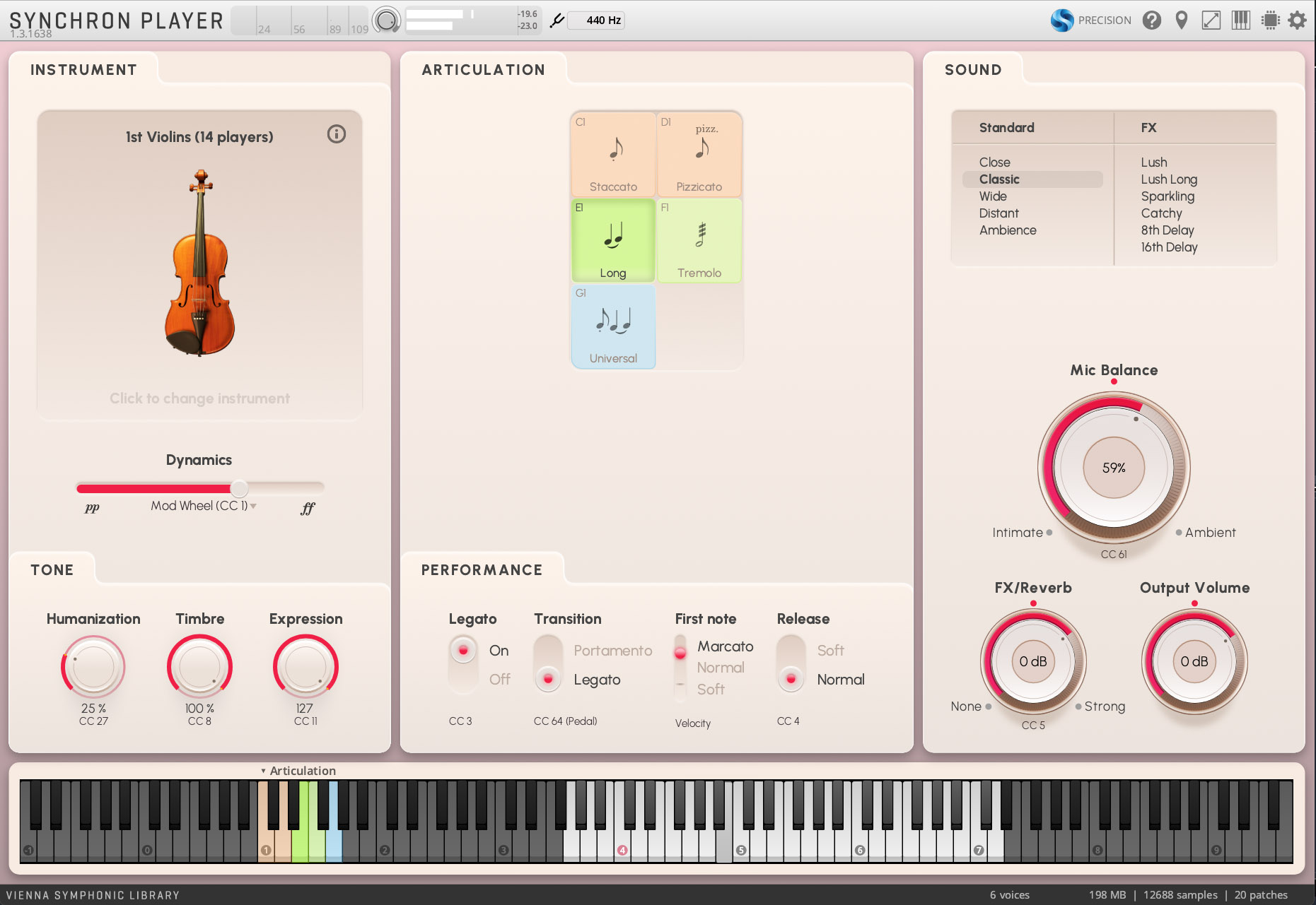 A screenshot of the Synchron Player software interface, displaying various settings for instrument, articulation, sound, tone, and performance, with a violin prominently shown under the Instrument section.