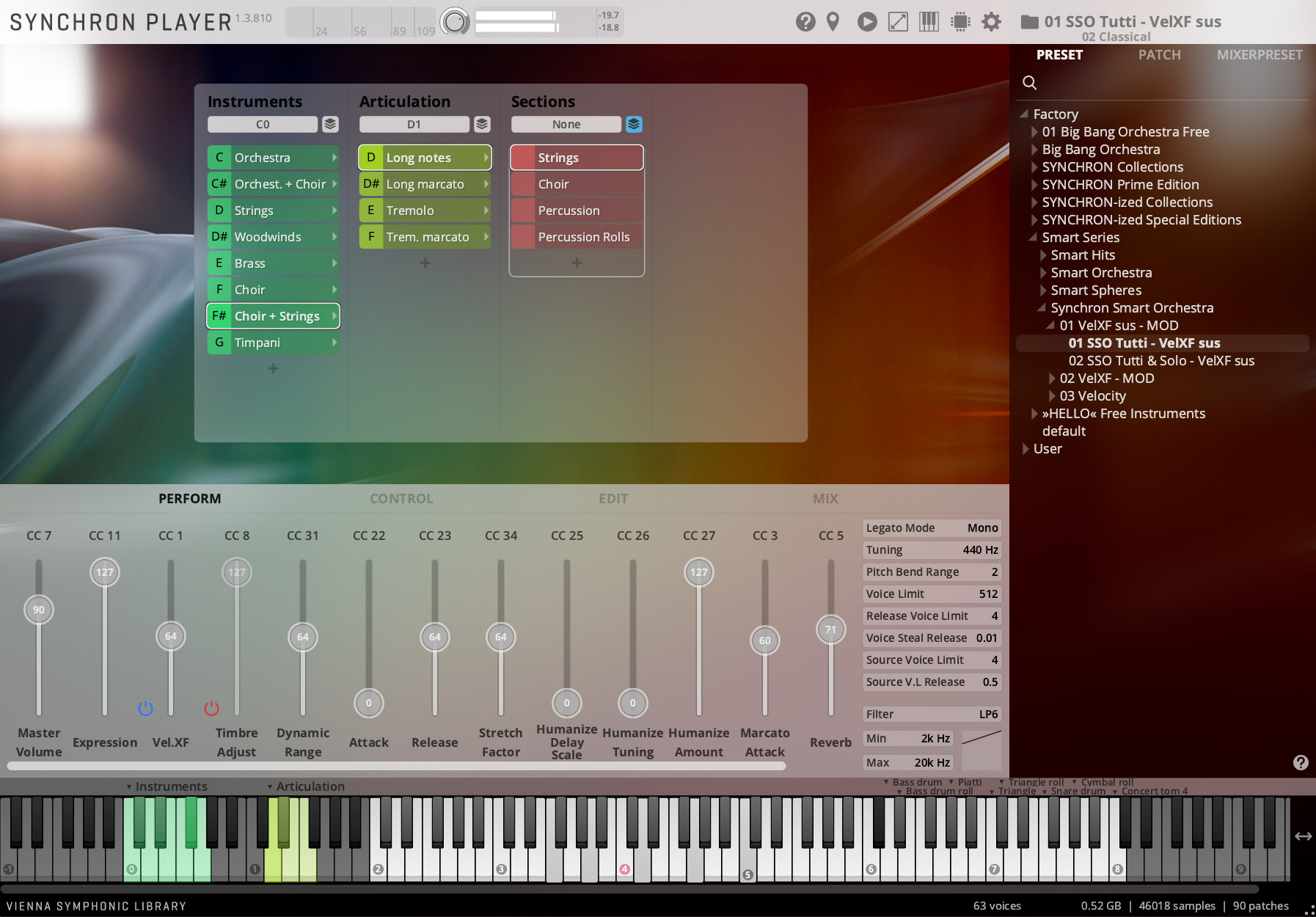 Screenshot of the Vienna Symphonic Library Synchron Player software interface, displaying various instrument and sound articulation options, along with detailed controls for adjusting parameters like volume, reverb, and filter settings.