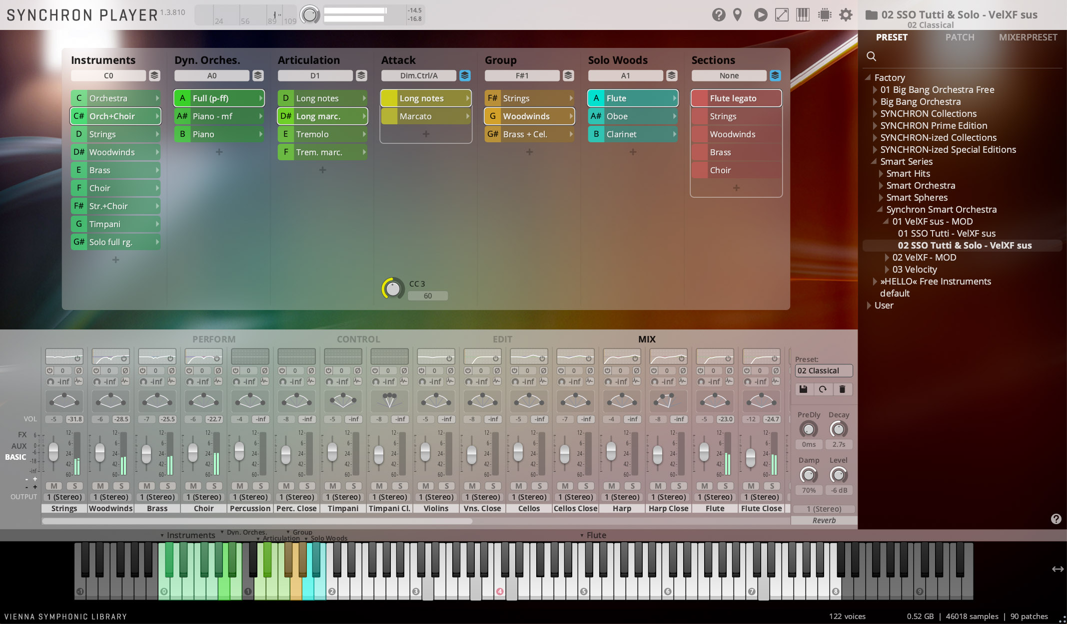 SYNCHRON PLAYER virtual instrument software interface with instrument, articulation, and mixer controls, showing music production settings.