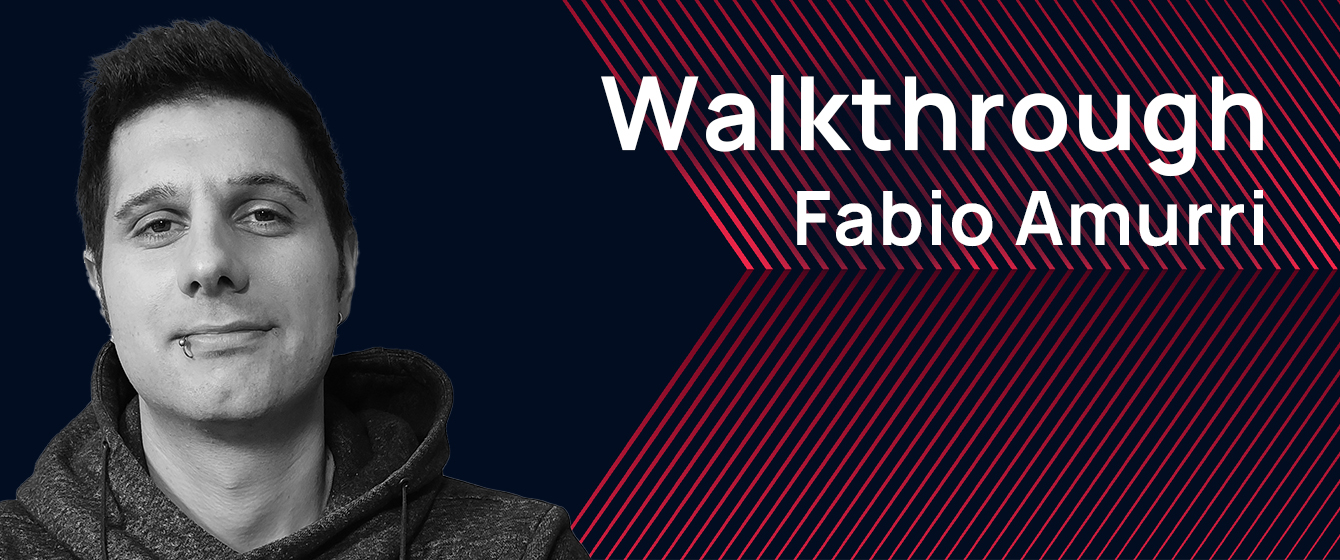 Fabio Amurri Walkthrough banner featuring a black and white portrait of Fabio Amurri on a dark blue background with red diagonal lines and white text.