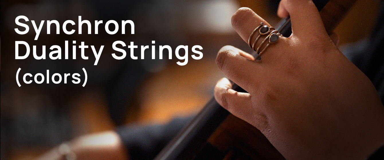 Text Synchron Duality Strings colors across a hand wearing rings while playing a string instrument.