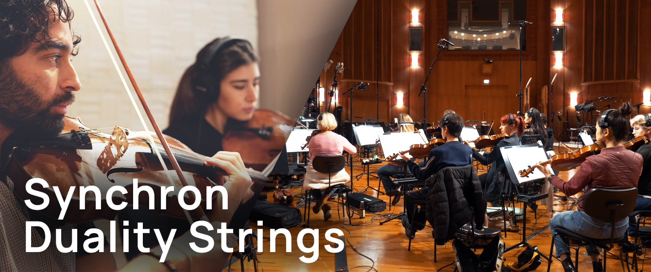 Musicians perform with violins and cellos in a studio, large text on the left says Synchron Duality Strings.
