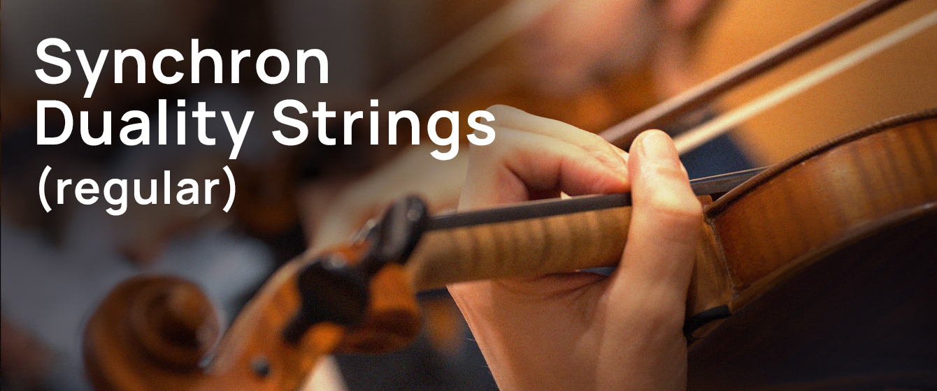 Close-up of a person's hands playing a violin, with text overlay: Synchron Duality Strings (regular).