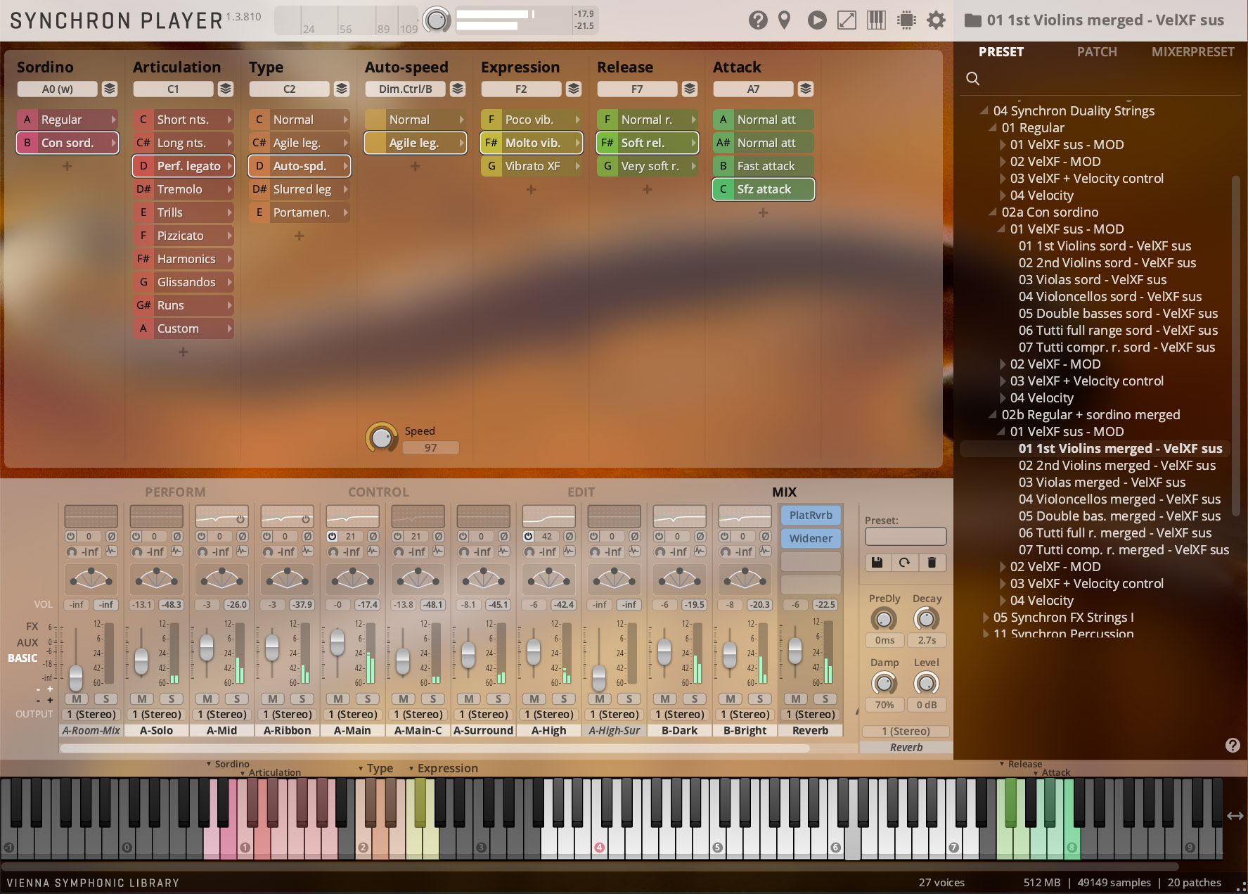Screenshot of the Vienna Symphonic Library Synchron Player software interface, displaying detailed sound parameters, controls, and a virtual keyboard.