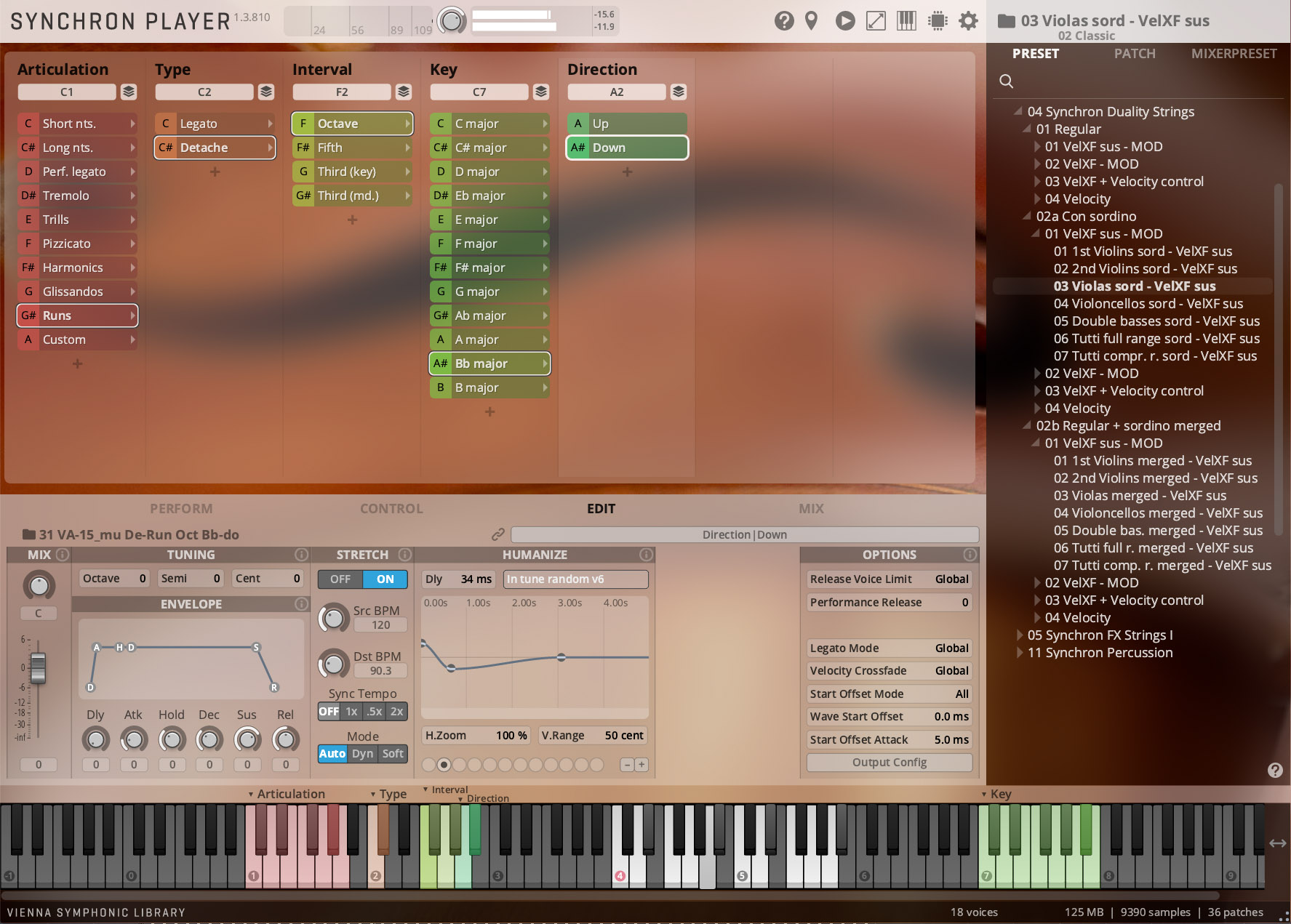 Screenshot of the SYNCHRON PLAYER 1.3.810 software interface with controls for articulation, type, interval, key, and presets, showing 03 Violas sord - VelXF sus selected for string instrument sound.