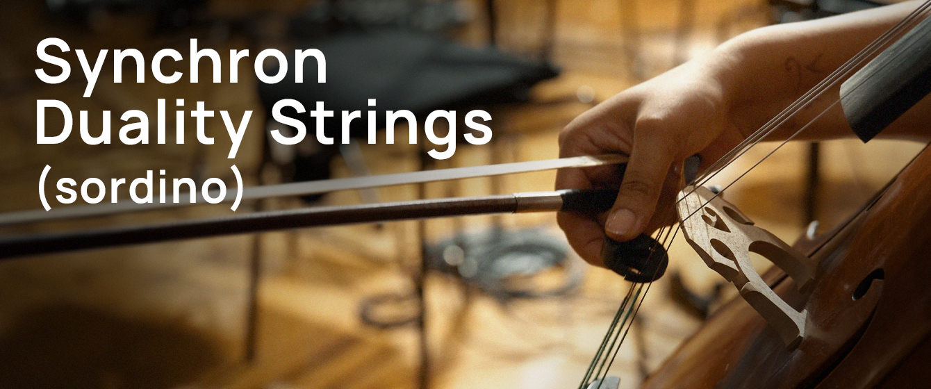 Close-up of a hand bowing a stringed instrument with a sordino mute, displaying the text Synchron Duality Strings (sordino).