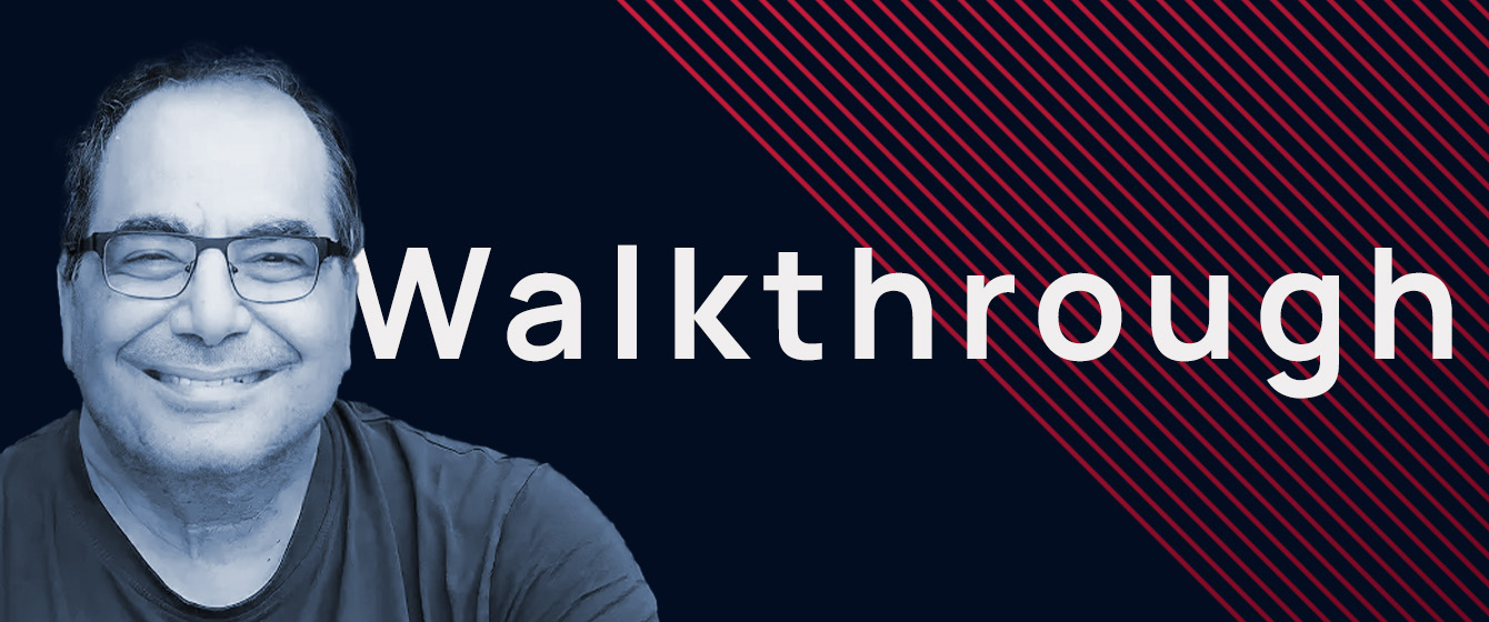 Smiling man in glasses with the word Walkthrough and diagonal red lines on a dark blue background.