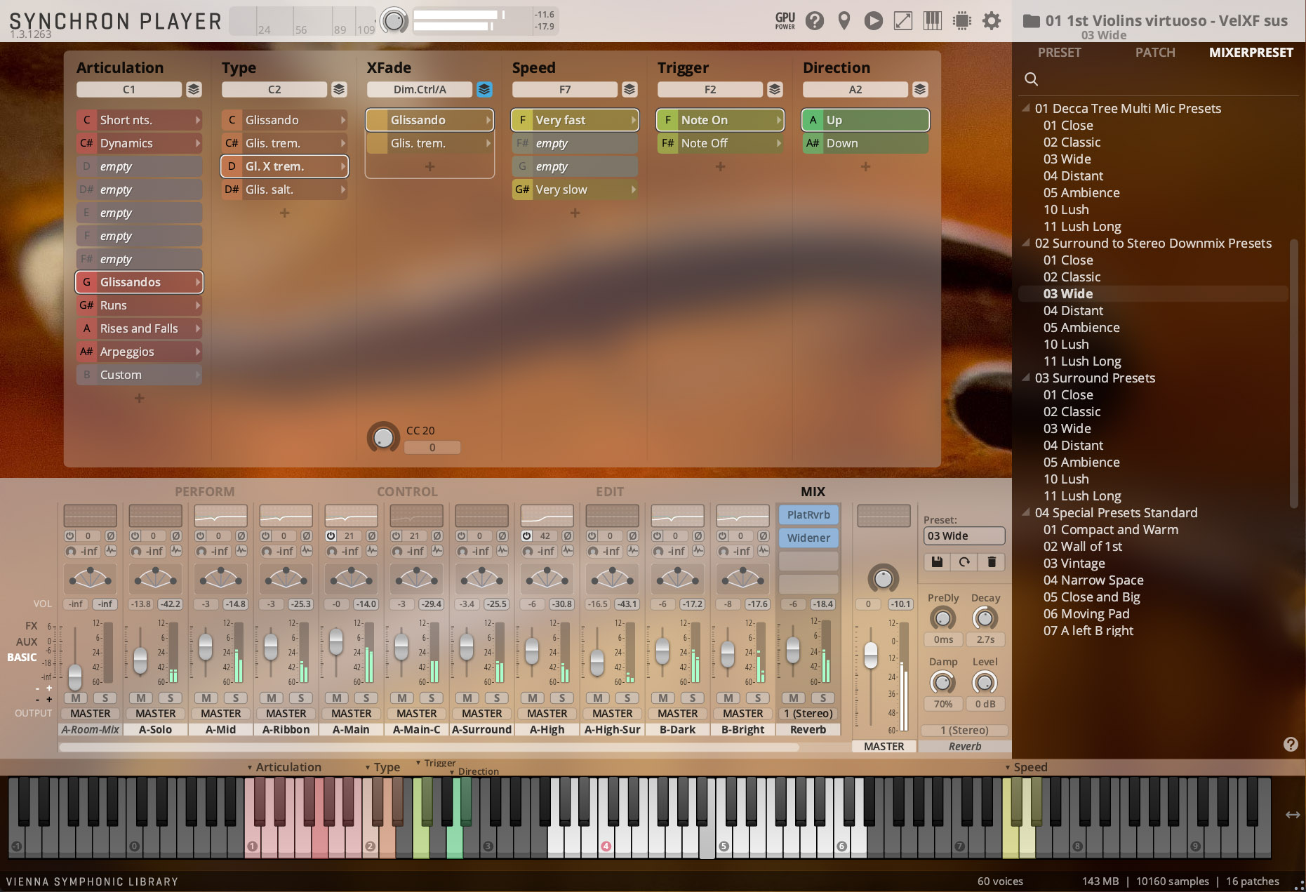 Vienna Symphonic Library Synchron Player software interface, displaying articulation, type, XFade, speed, trigger, and direction controls with various sound presets and mixer settings for 1st Violins Virtuoso.