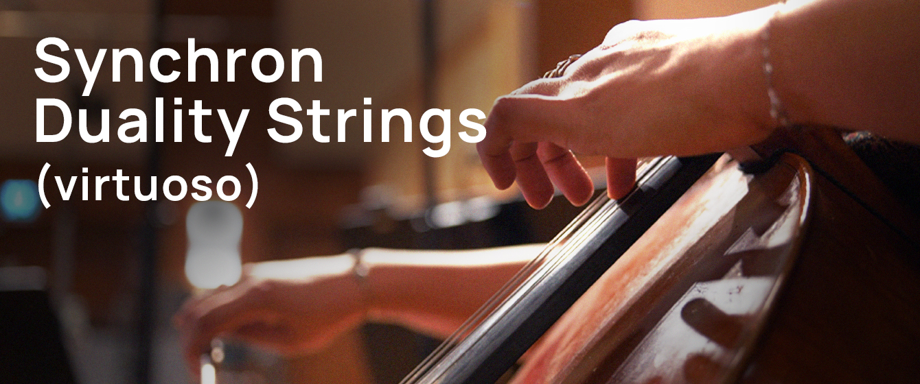 Close-up of a hand playing cello strings, with the text Synchron Duality Strings (virtuoso) overlaid.