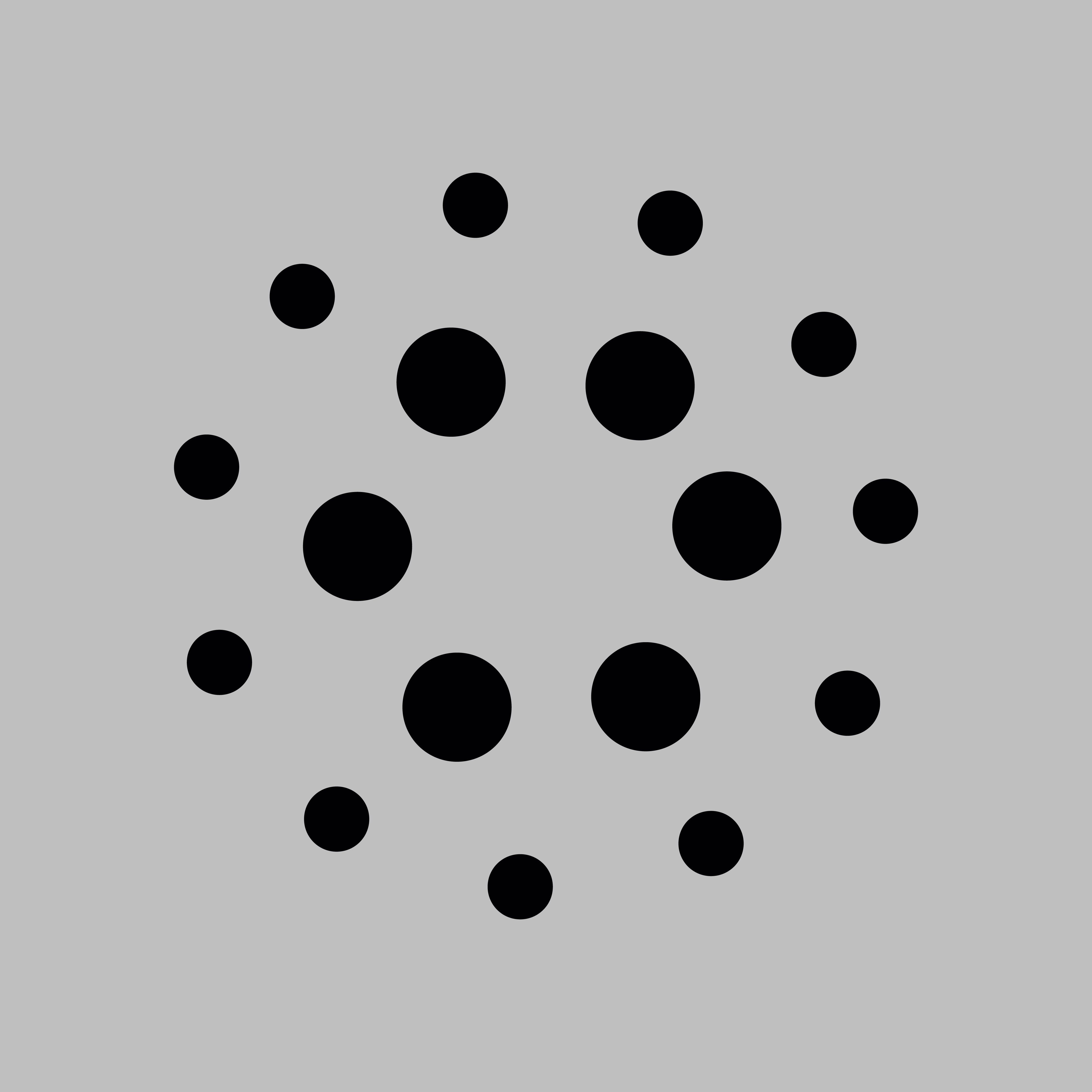 Abstract gray background with an arrangement of black circles of varying sizes, resembling a cluster or data visualization.