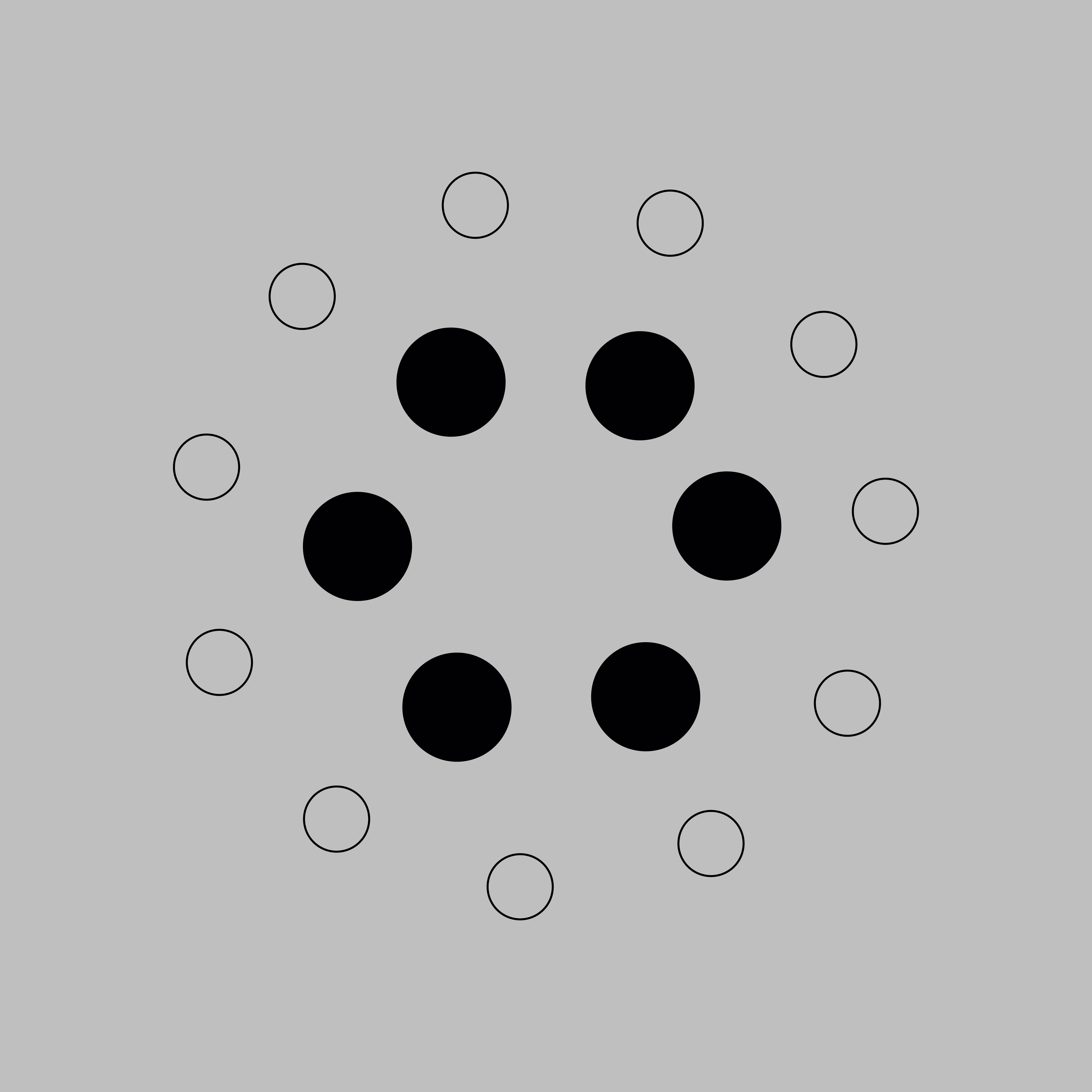 Abstract illustration with black filled circles and outlined circles arranged in a circular pattern, representing data visualization or a loading icon.
